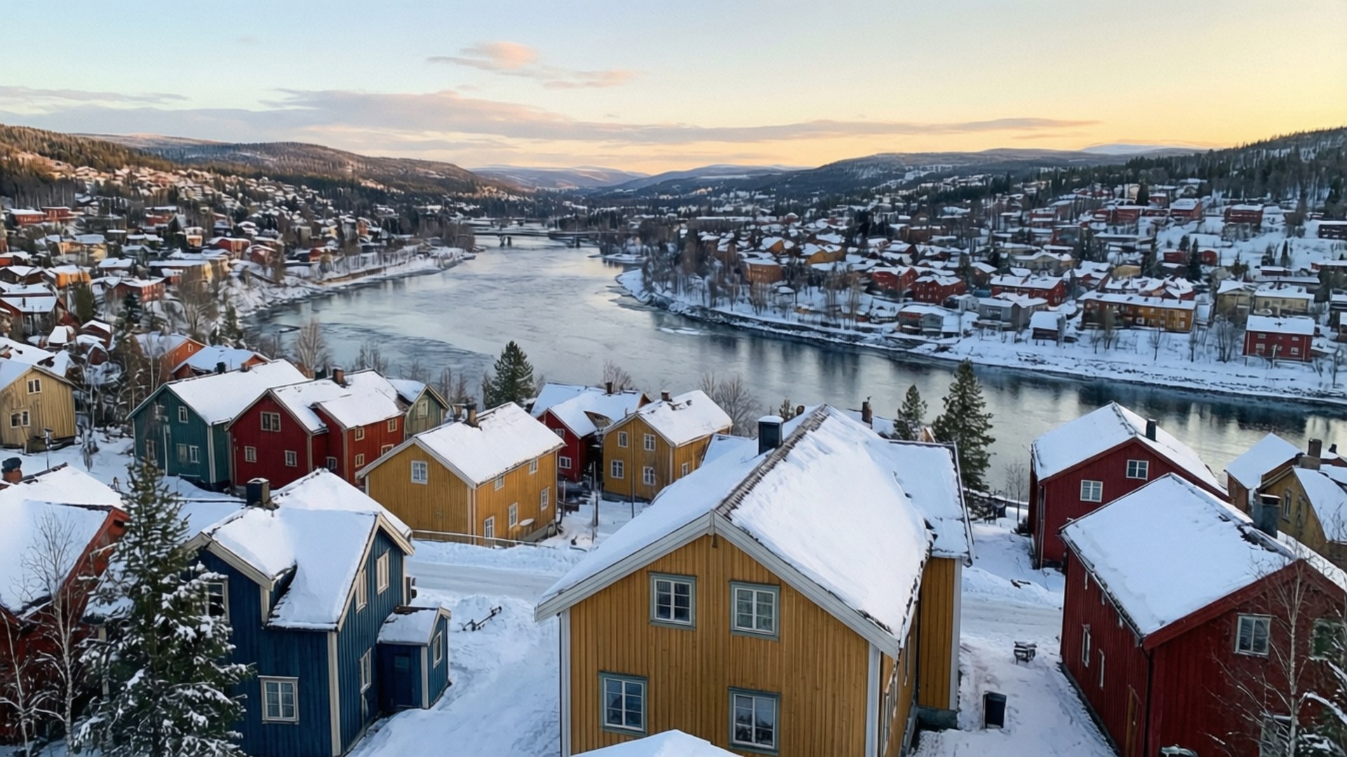 Lillehammer, winter village, frozen river, Full HD Desktop Wallpaper