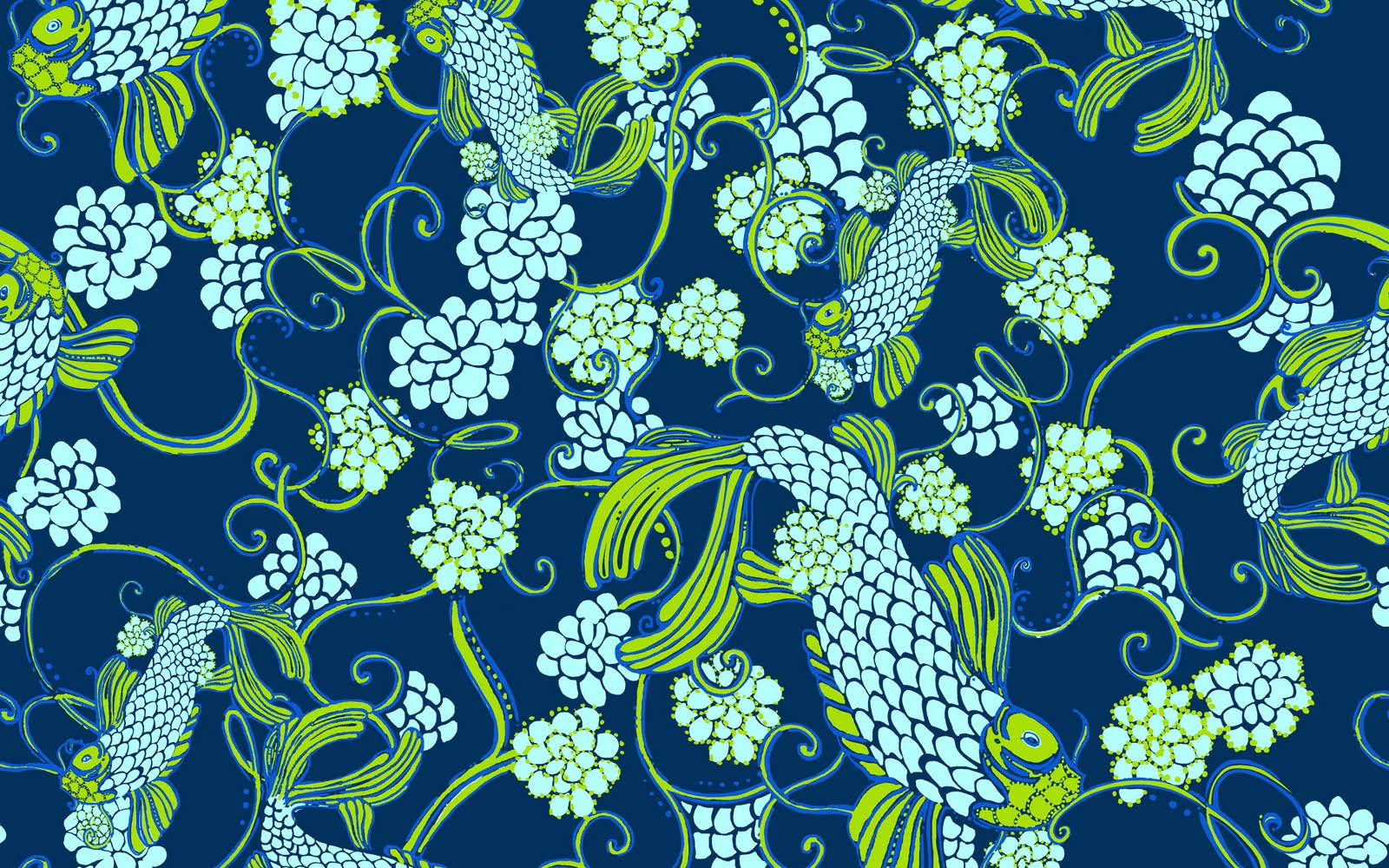 Lilly Pulitzer, koi fish, stylized flowers, HD Desktop Wallpaper