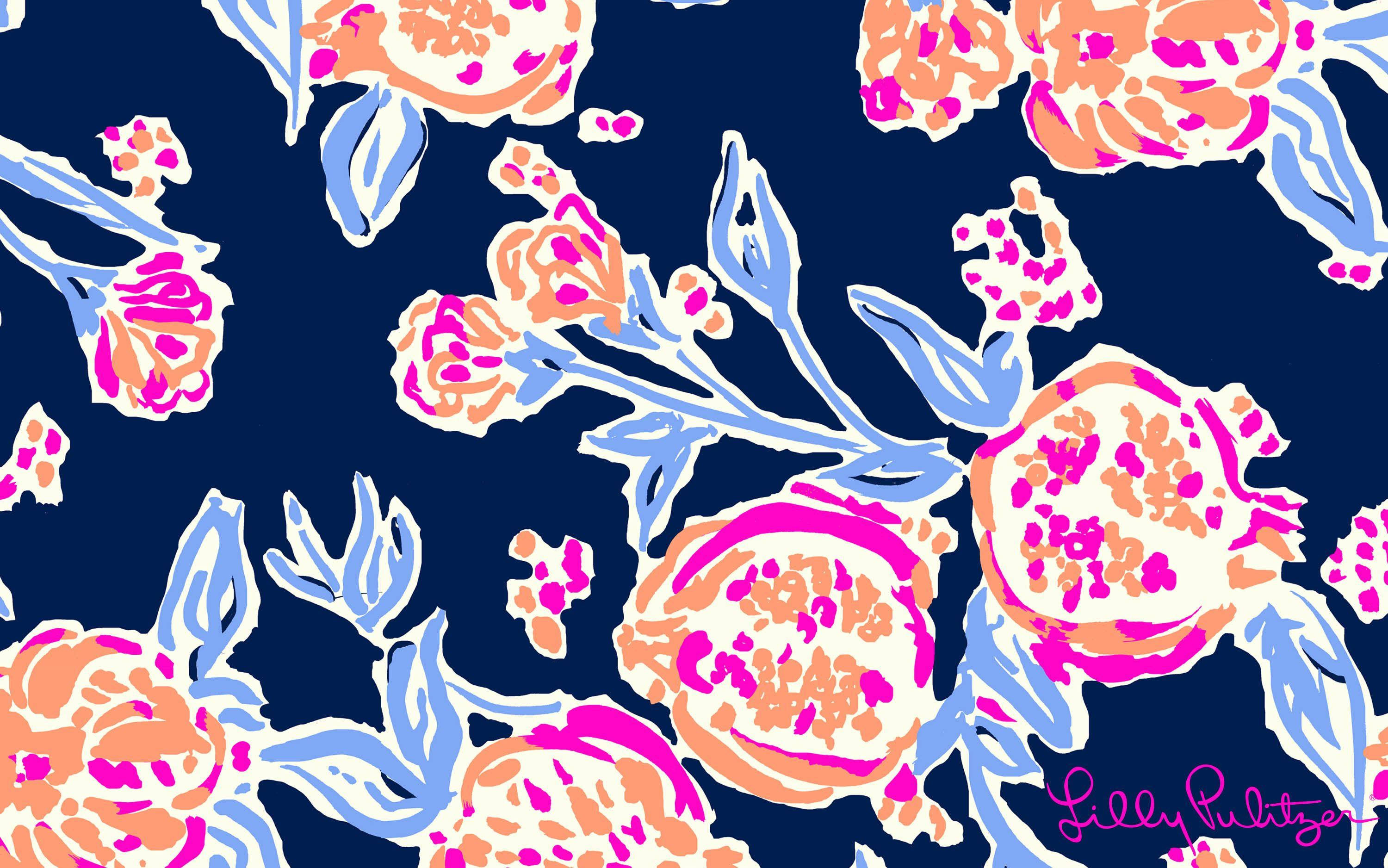 Lilly Pulitzer, blue floral, deep navy background, 2K Desktop Wallpaper