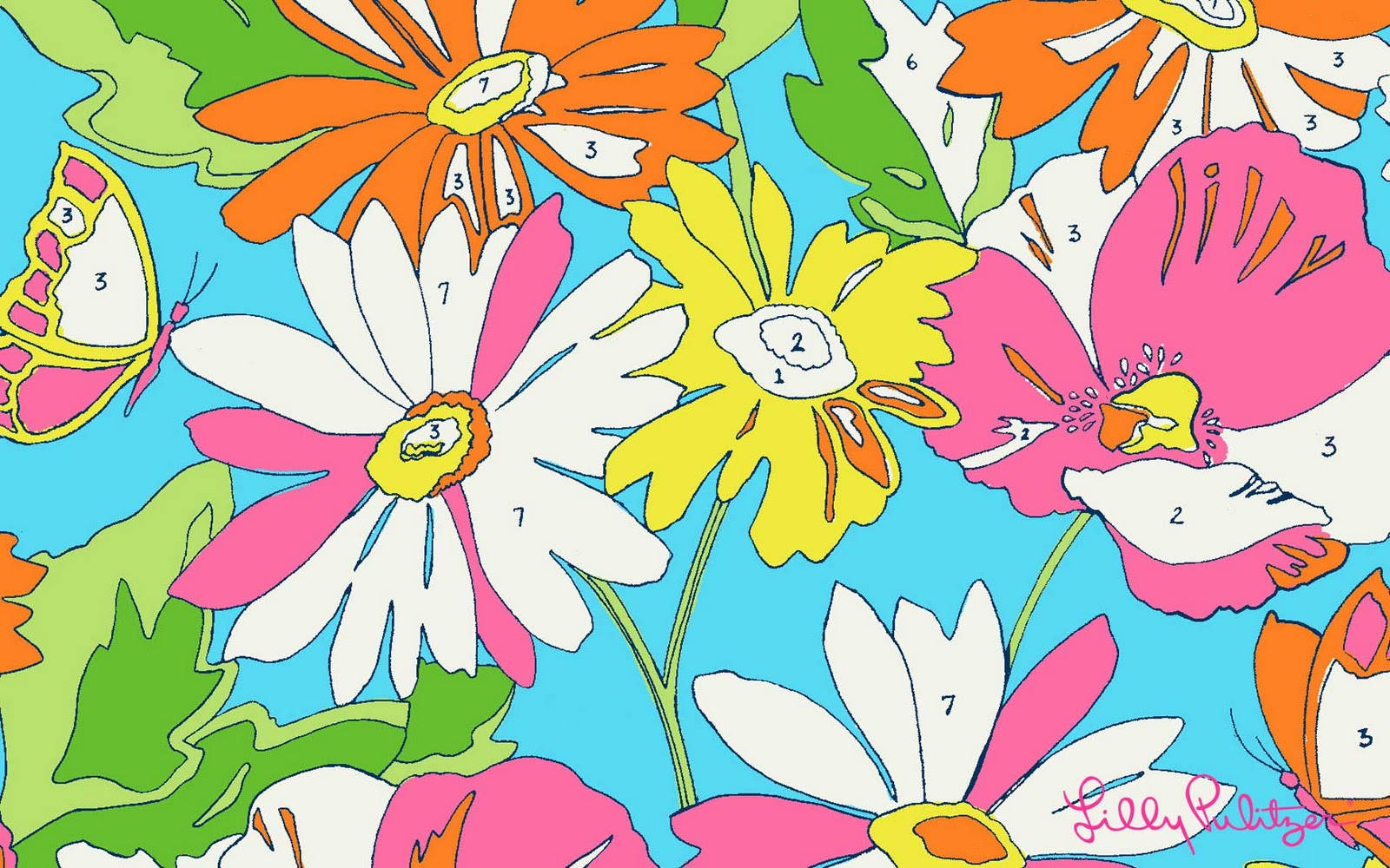 Lilly Pulitzer, colored florals, bright blue background, HD Desktop Wallpaper