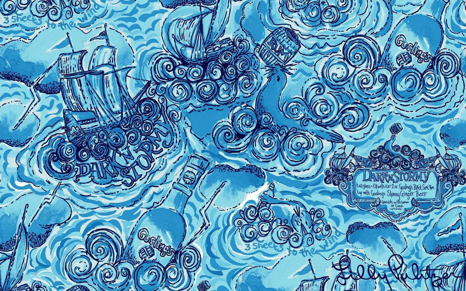 Blue Ships, Lilly Pulitzer Desktop, blue ink illustration, HD Desktop Wallpaper