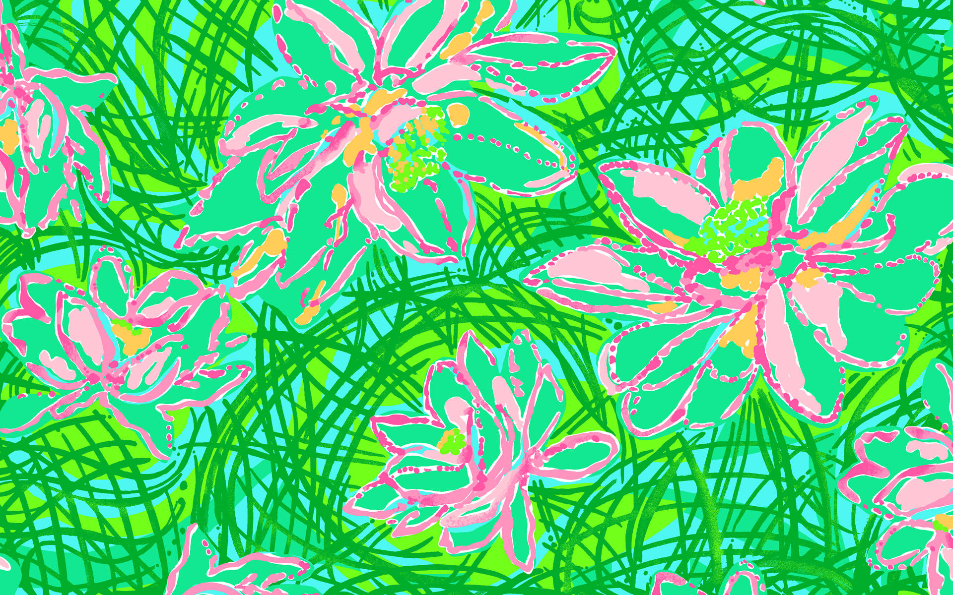 Lilly Pulitzer, green floral, vibrant pink flowers, Full HD Desktop Wallpaper