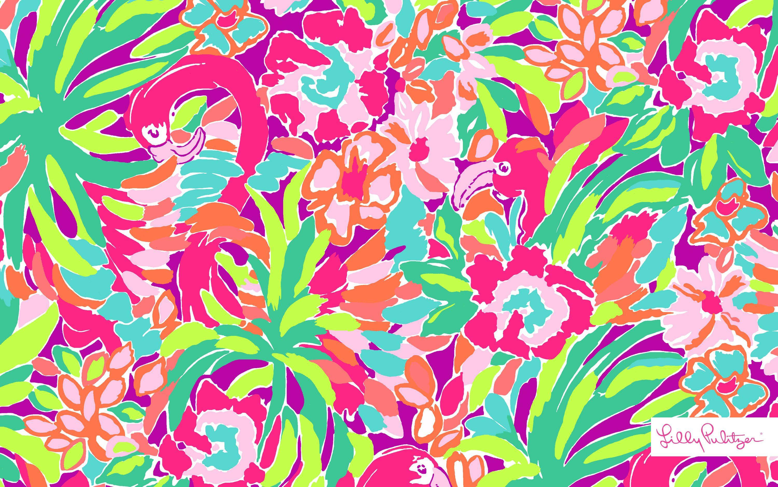Lilly Pulitzer, colorful flamingos, neon greens, 2K Desktop Wallpaper