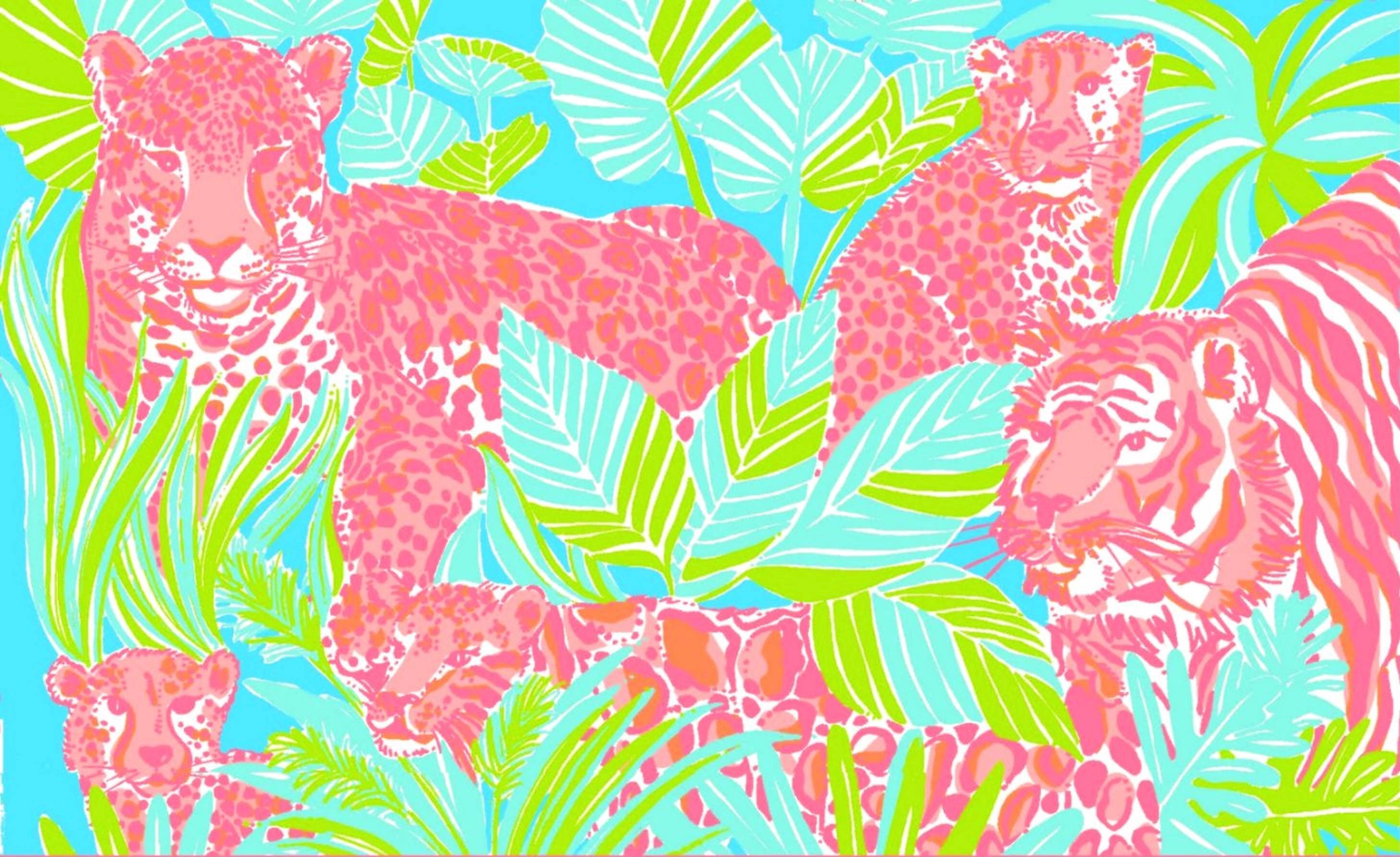 Lilly Pulitzer, pink predators, neon green leaves, 2K Desktop Wallpaper