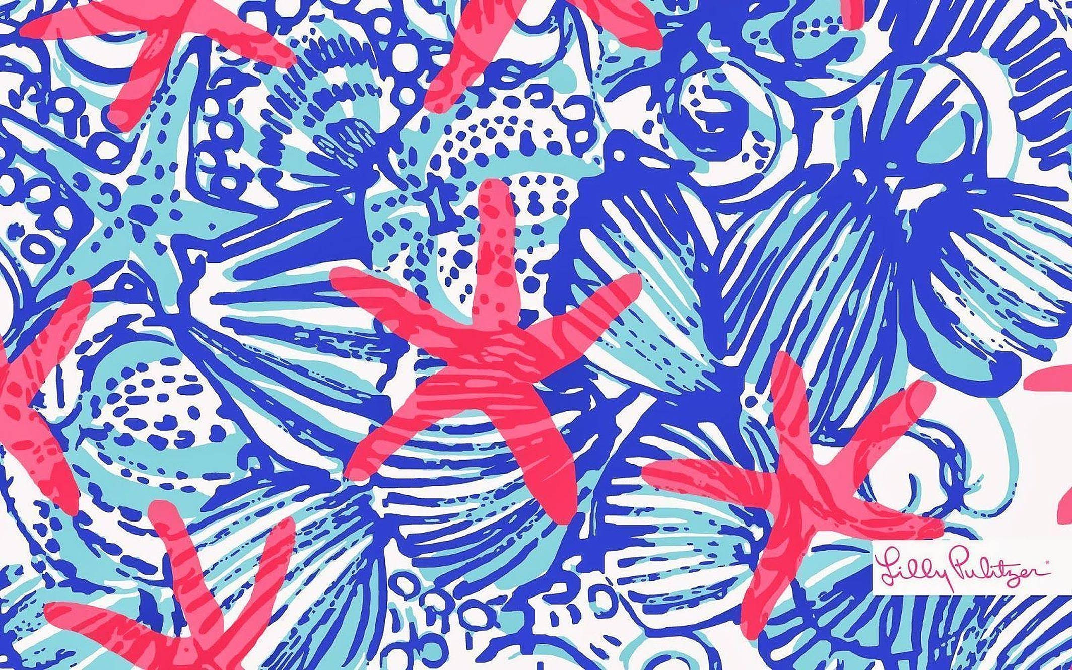 Lilly Pulitzer, red starfish, blue sea creatures, Full HD Desktop Wallpaper