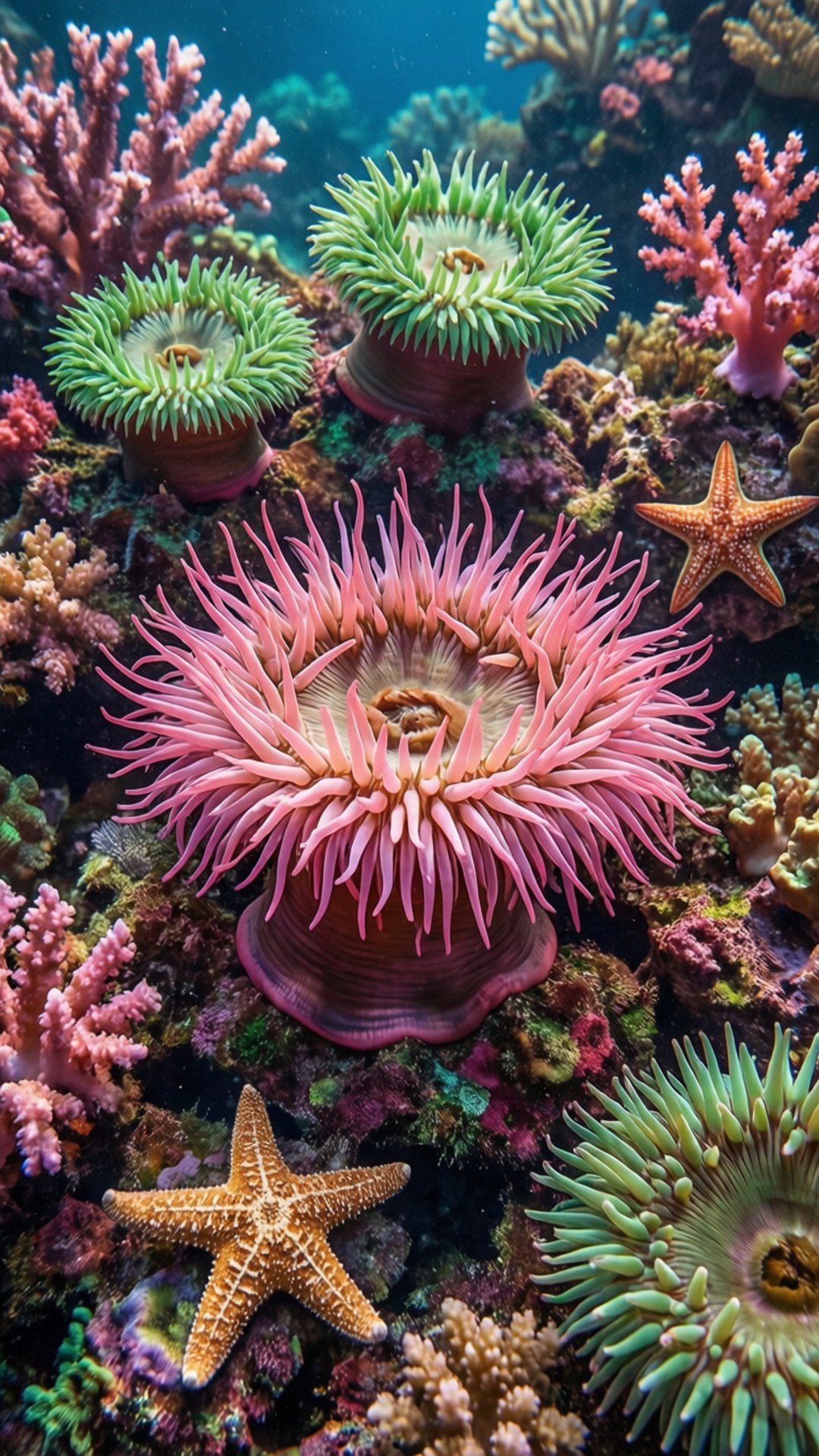 pink coral reef, vibrant pink, green sea anemones, Full HD Phone Wallpaper