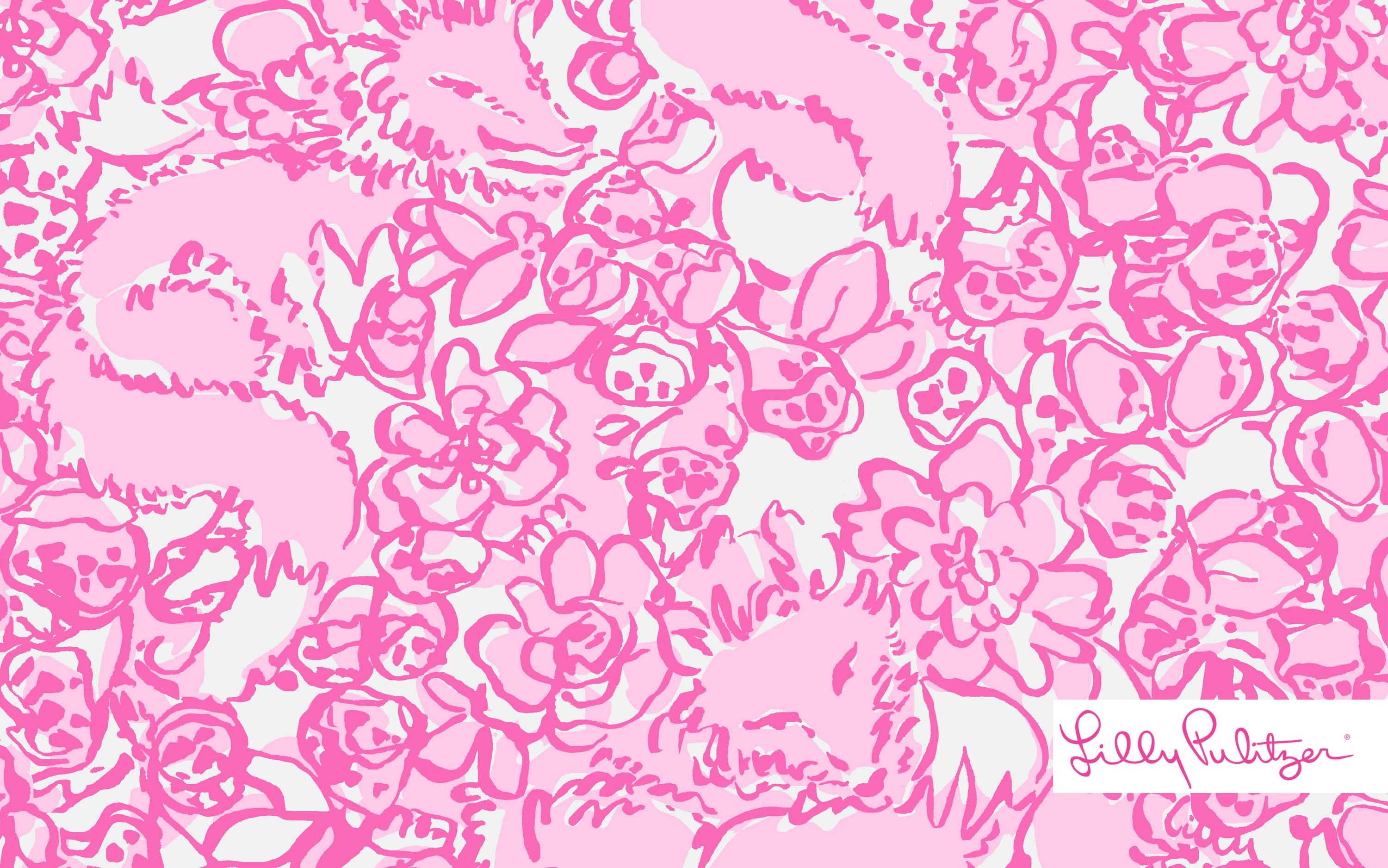 Lilly Pulitzer, pink floral pattern, hand-drawn outlines, 2K Desktop Wallpaper