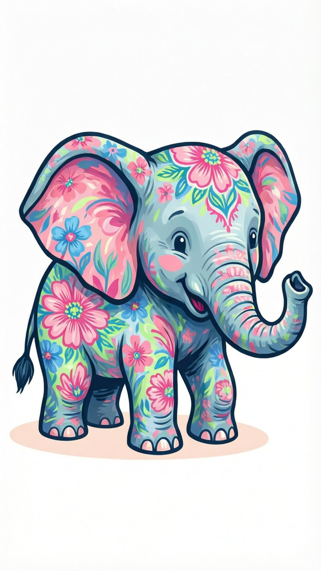 Pastel Floral Elephant, pink blue and green floral patterns, soft peach shadow, Full HD Phone Wallpaper