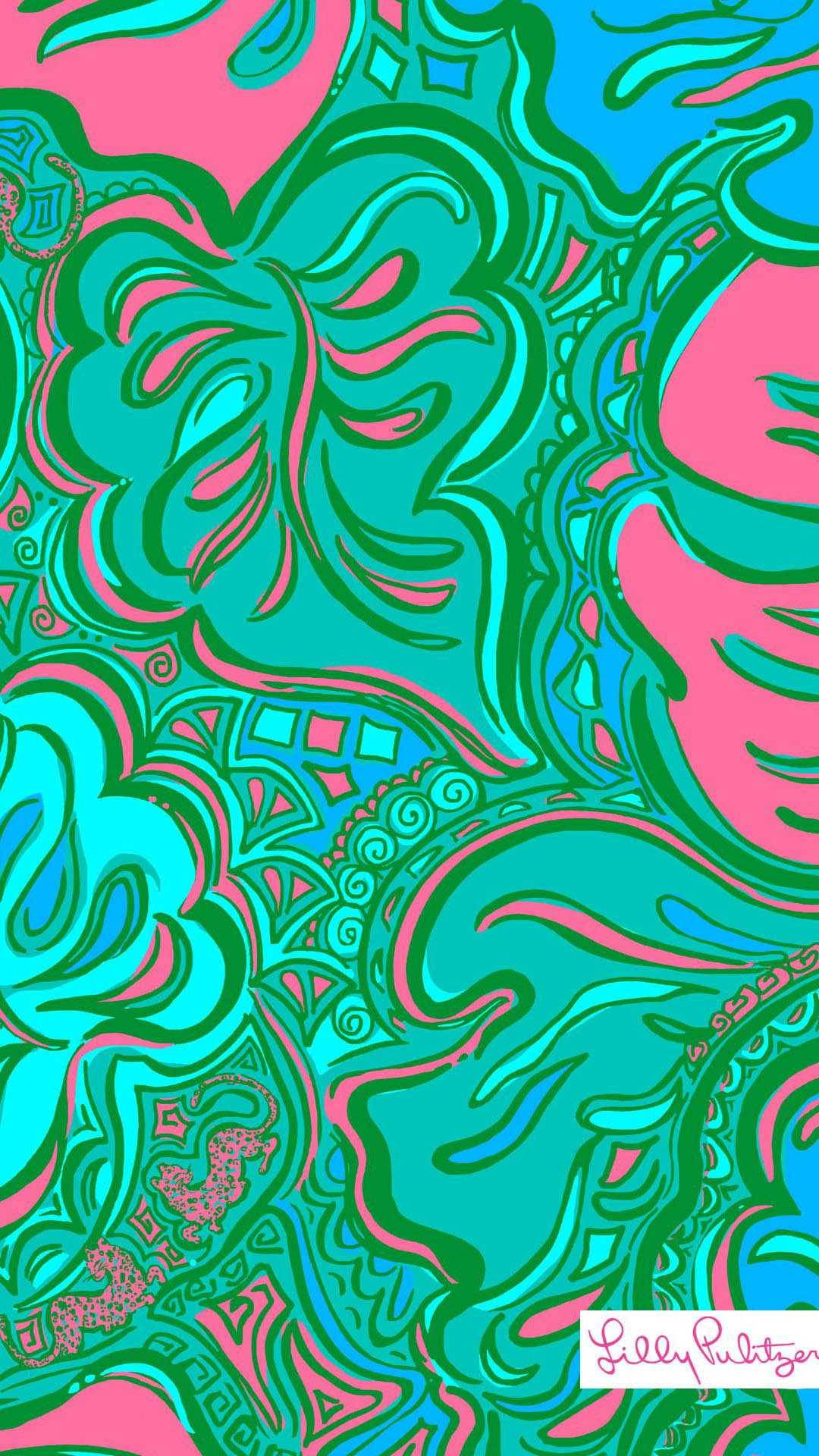 Lilly Pulitzer, teal leaves, swirling teal pink and blue patterns, Full HD Phone Wallpaper
