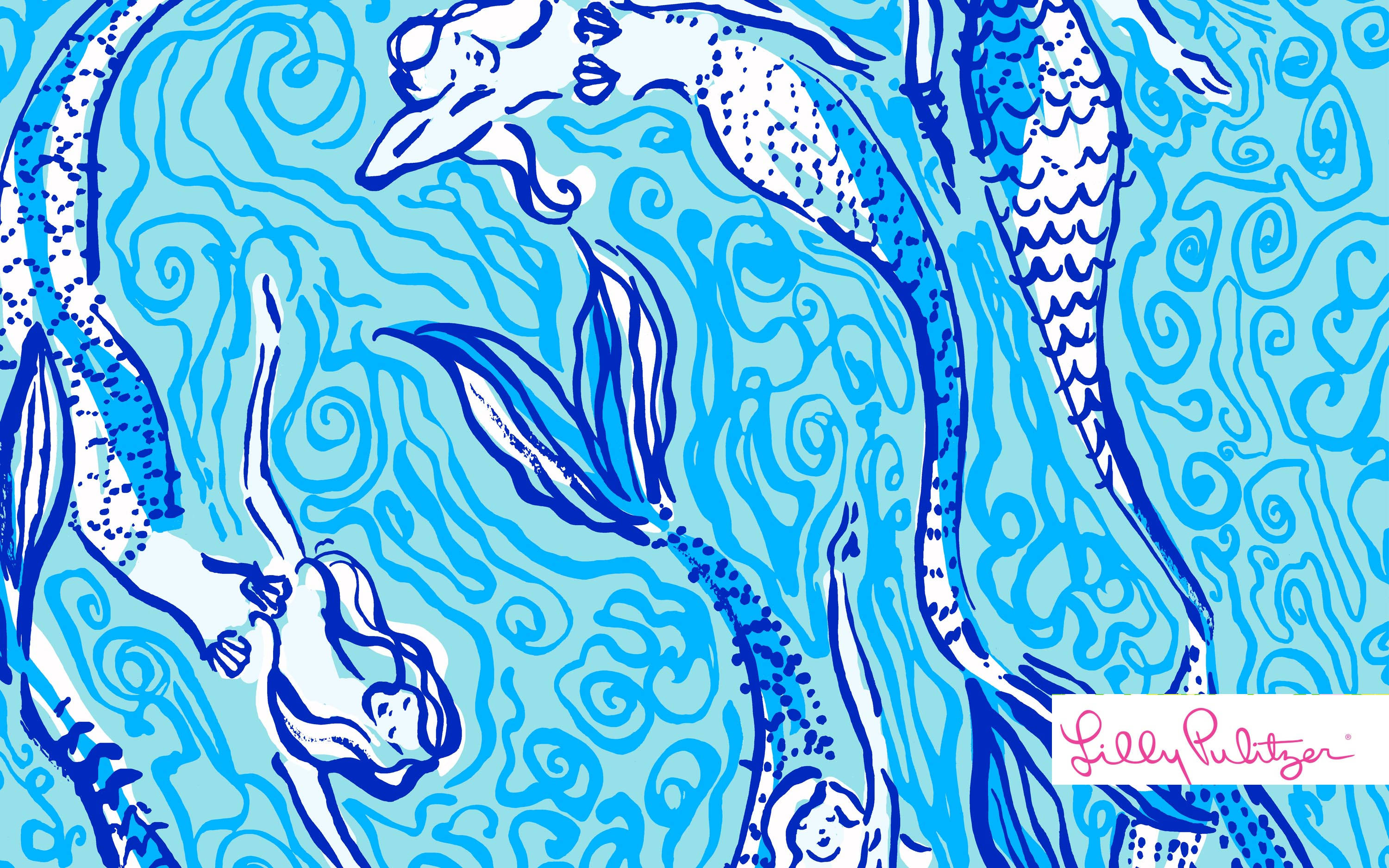 Lilly Pulitzer, desktop mermaids, swirling blue water, 2K Desktop Wallpaper