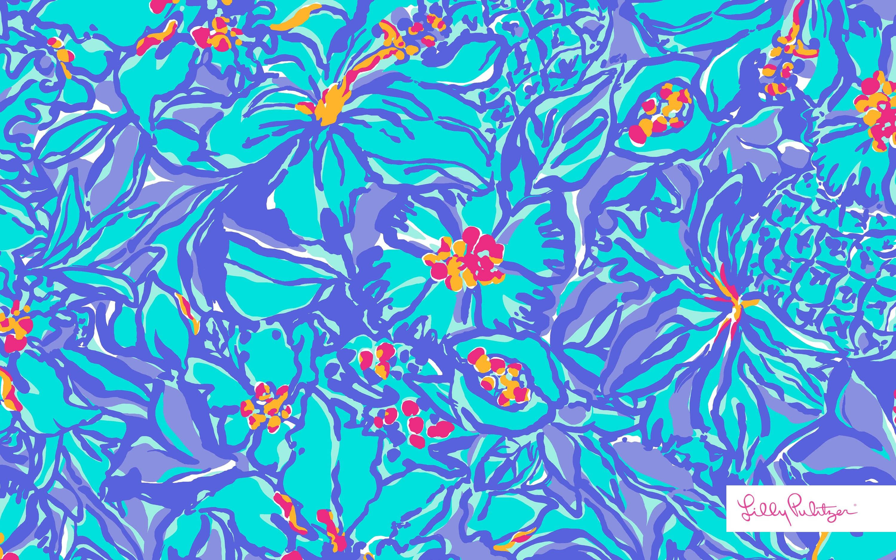 Lilly Pulitzer, blue flowers, tropical floral pattern, 2K Desktop Wallpaper