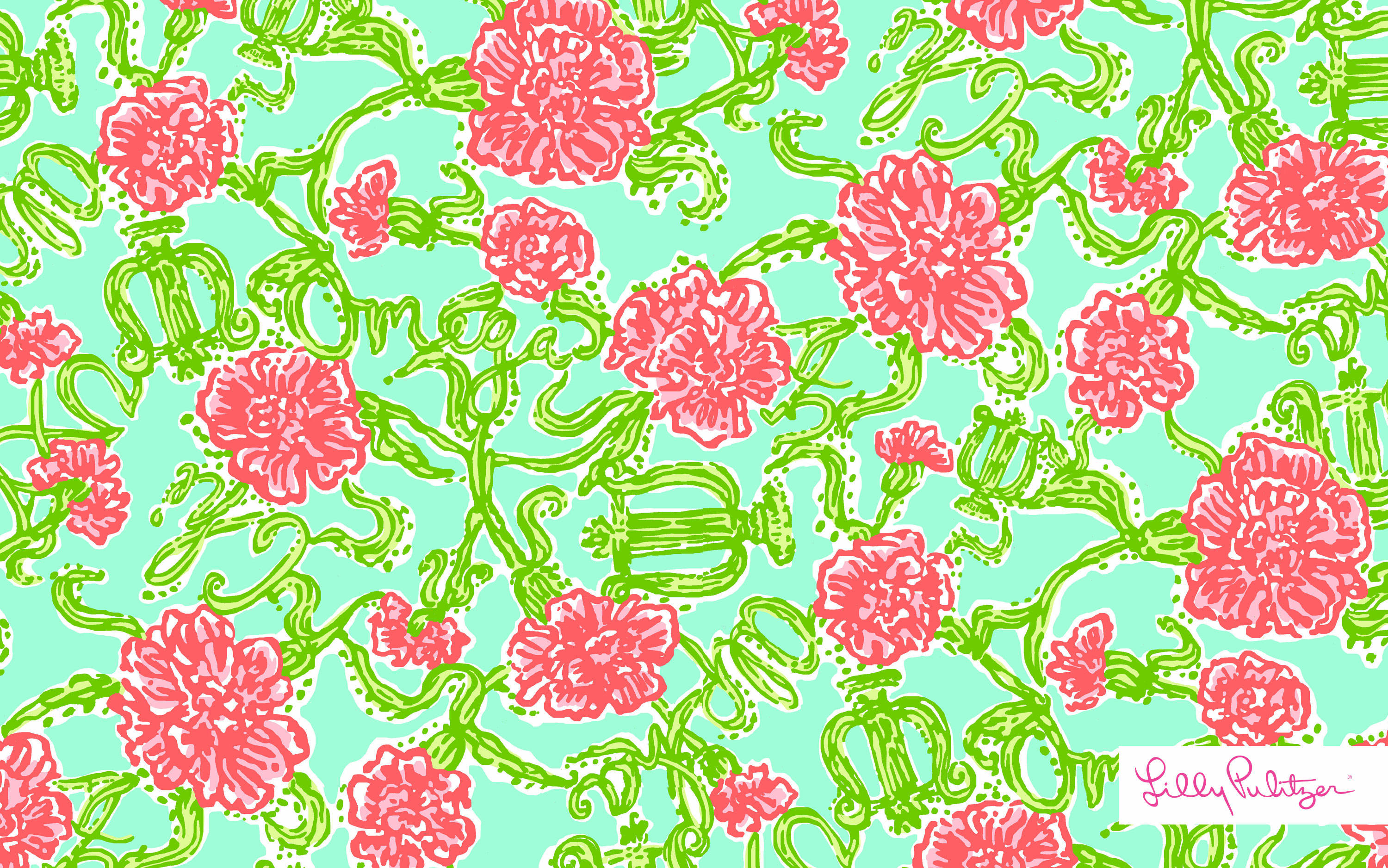 Lilly Pulitzer, red green floral, mint green background, 2K Desktop Wallpaper