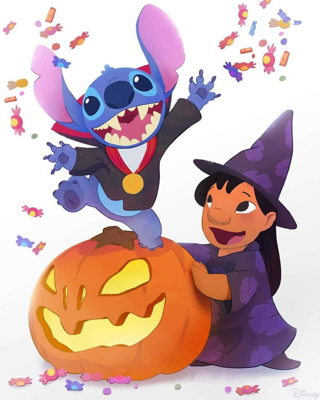Lilo and Stitch, vampire costume, glowing jack-o-lantern, HD Phone Wallpaper