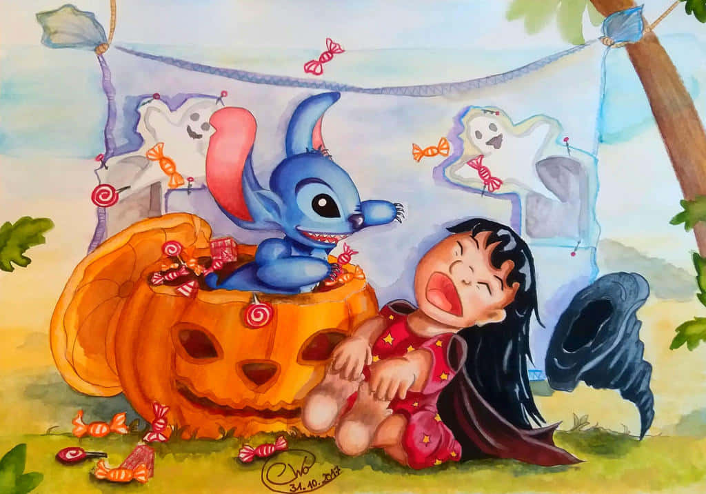 Lilo And Stitch Halloween, blue alien, girl in witch costume, SD Desktop Wallpaper