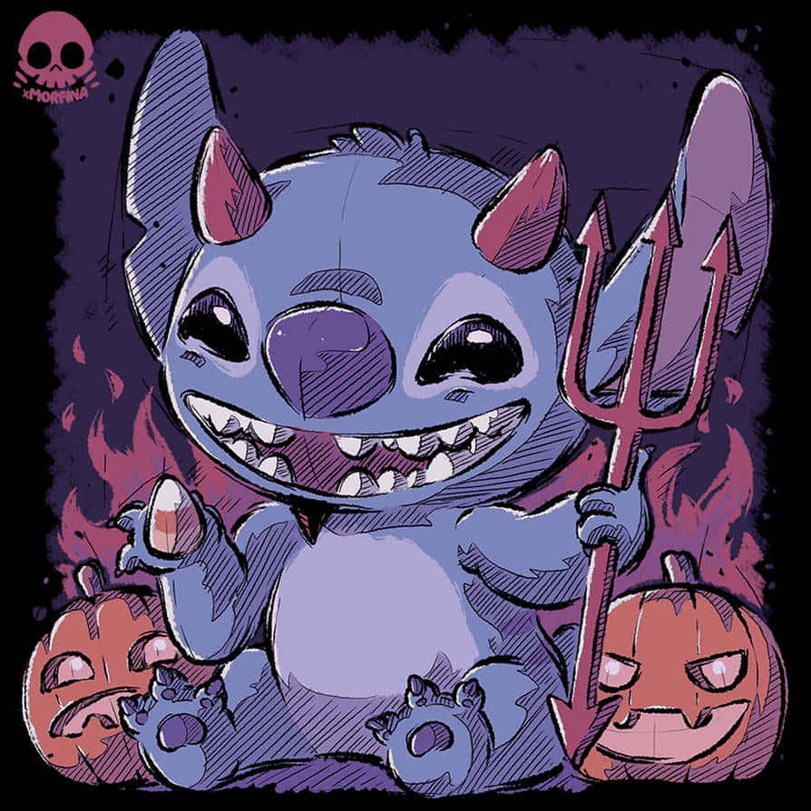 Lilo And Stitch Halloween, blue cartoon alien, devil horns, SD Desktop Wallpaper