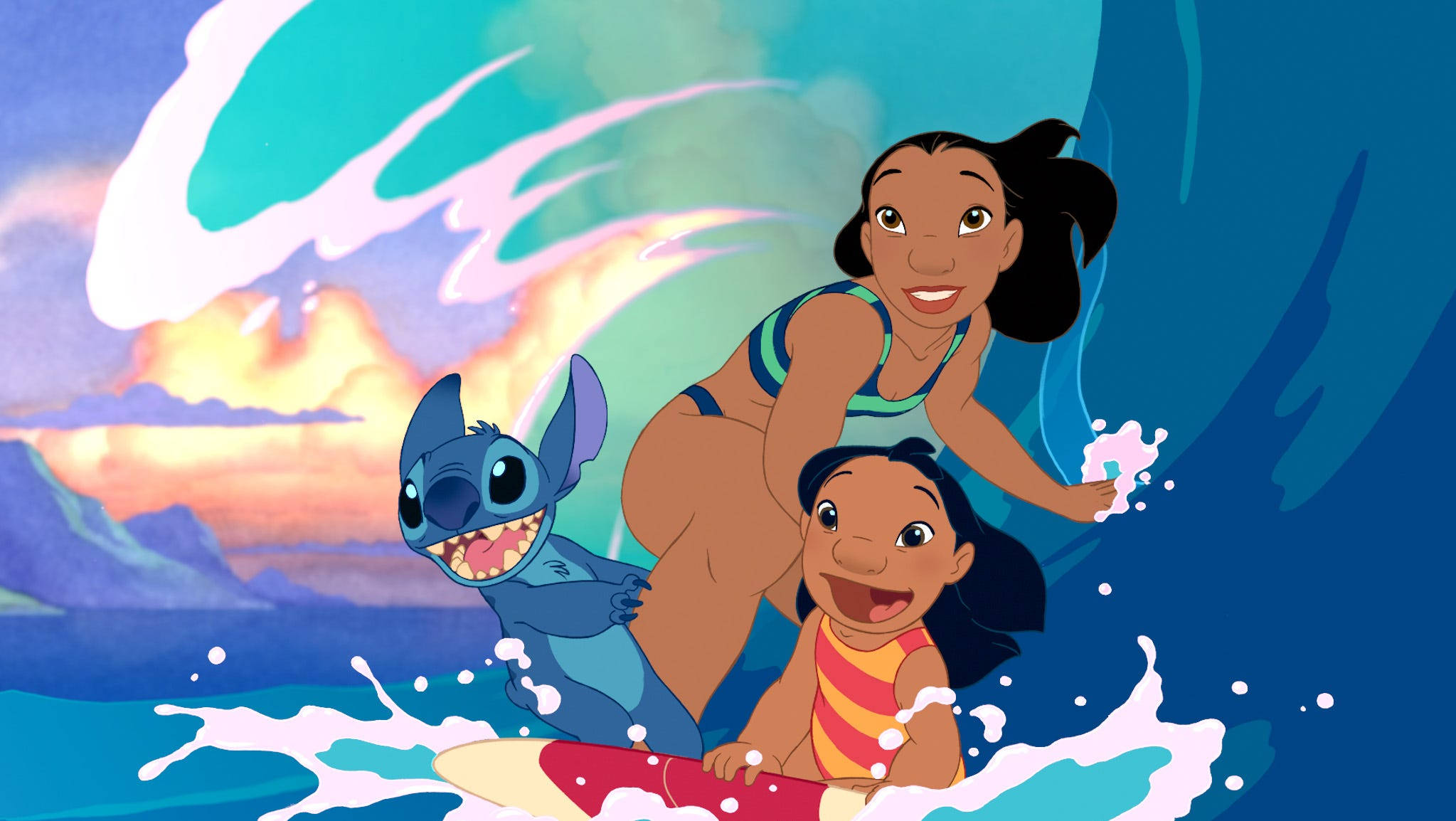 Lilo And Stitch, surfing, vibrant wave, Full HD Desktop Wallpaper