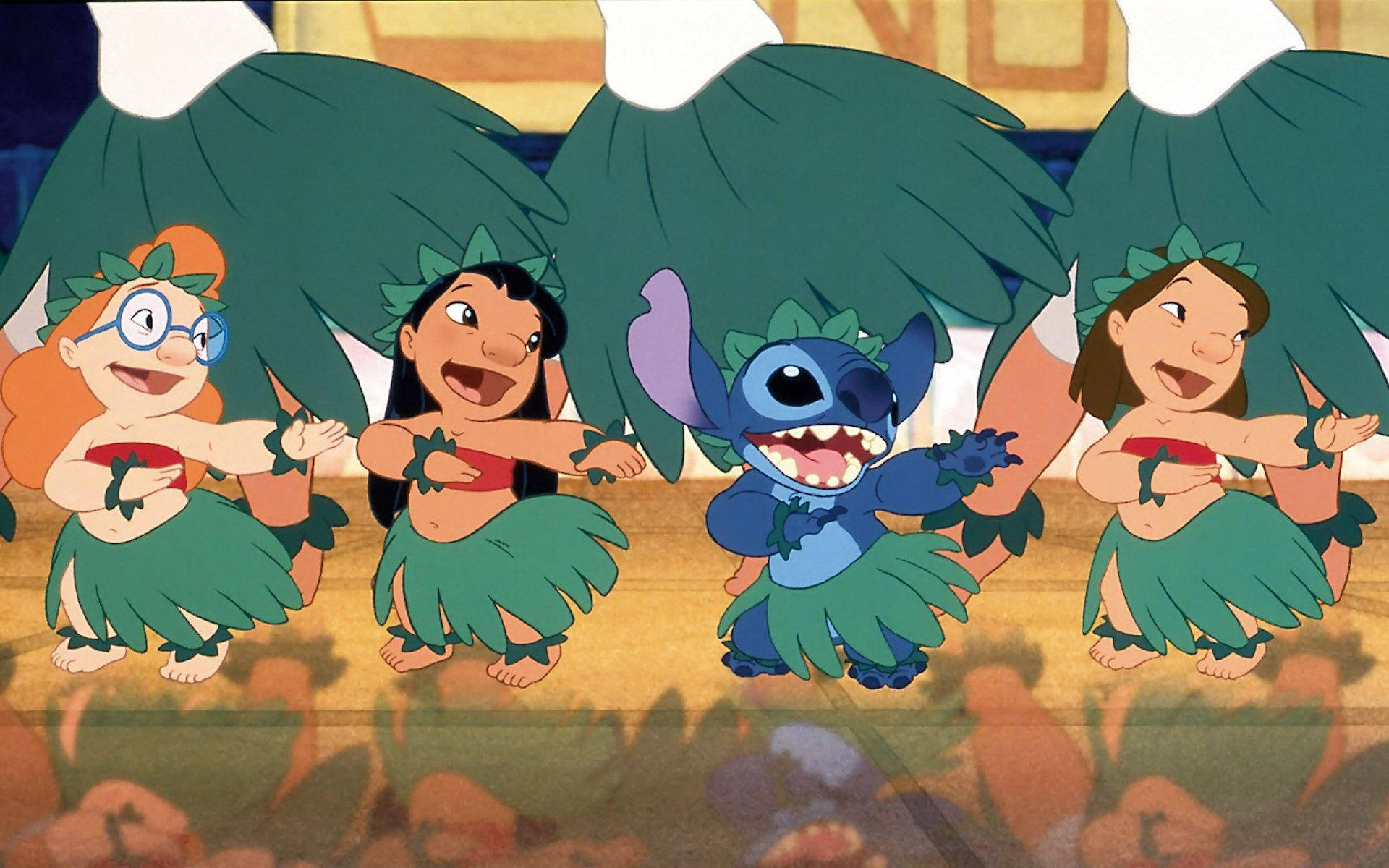 Lilo And Stitch, hula dancing, green leaf skirts, Full HD Desktop Wallpaper