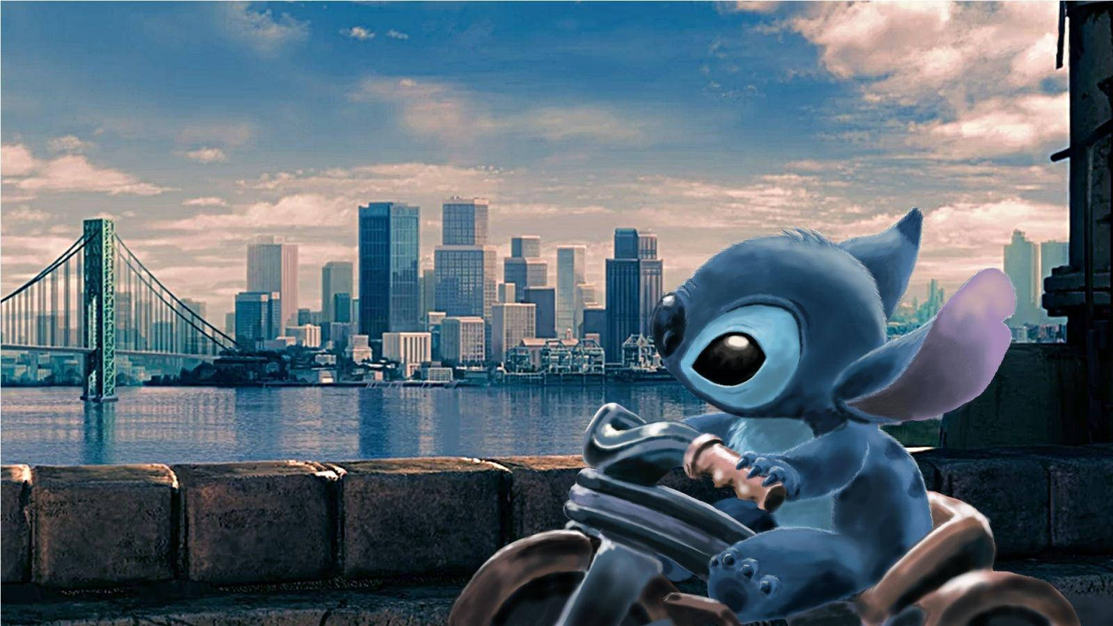 Lilo Stitch, motorcycle, waterfront pier, HD Desktop Wallpaper