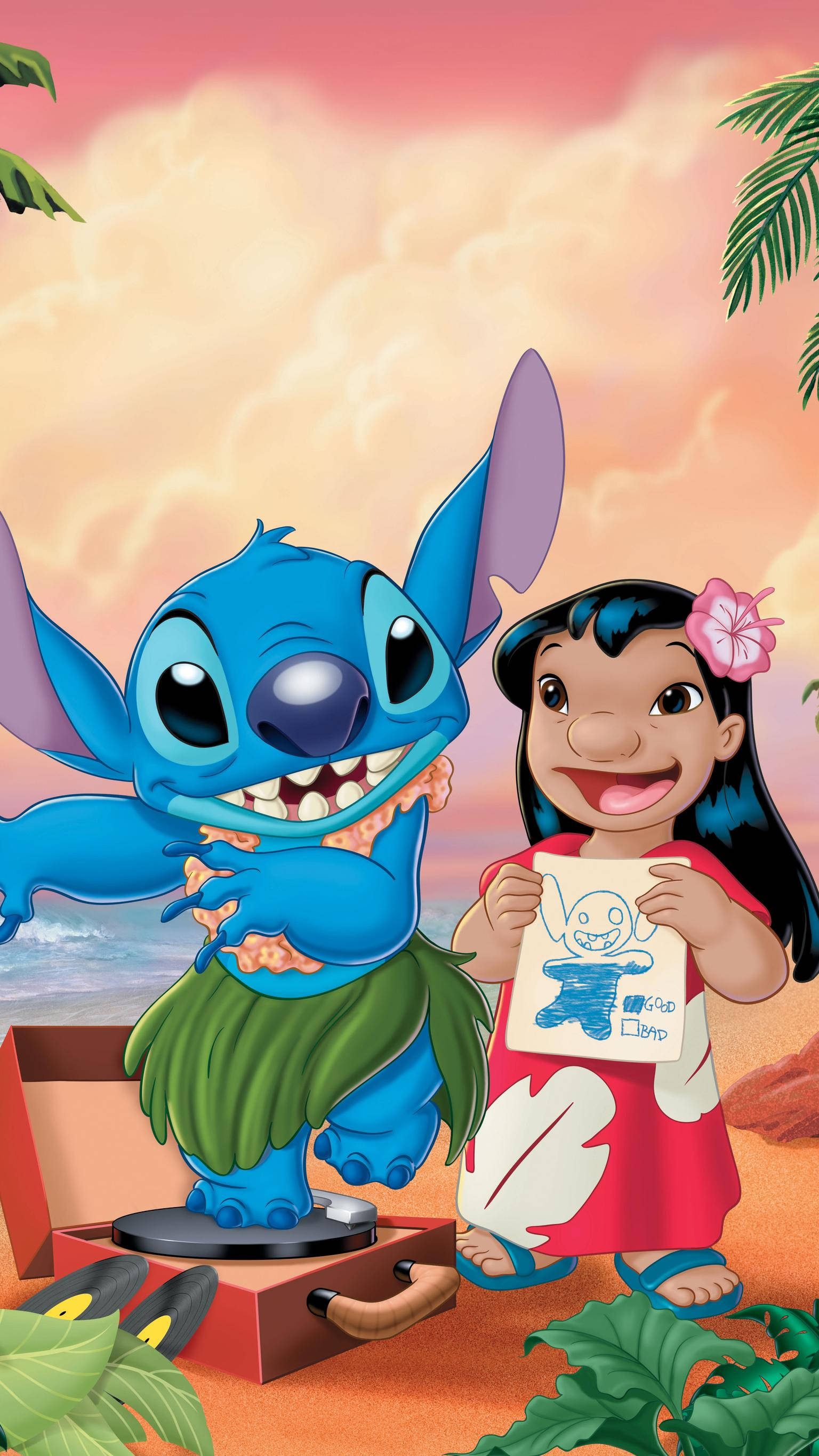 Lilo and Stitch, tropical beach, palm fronds, 2K Phone Wallpaper