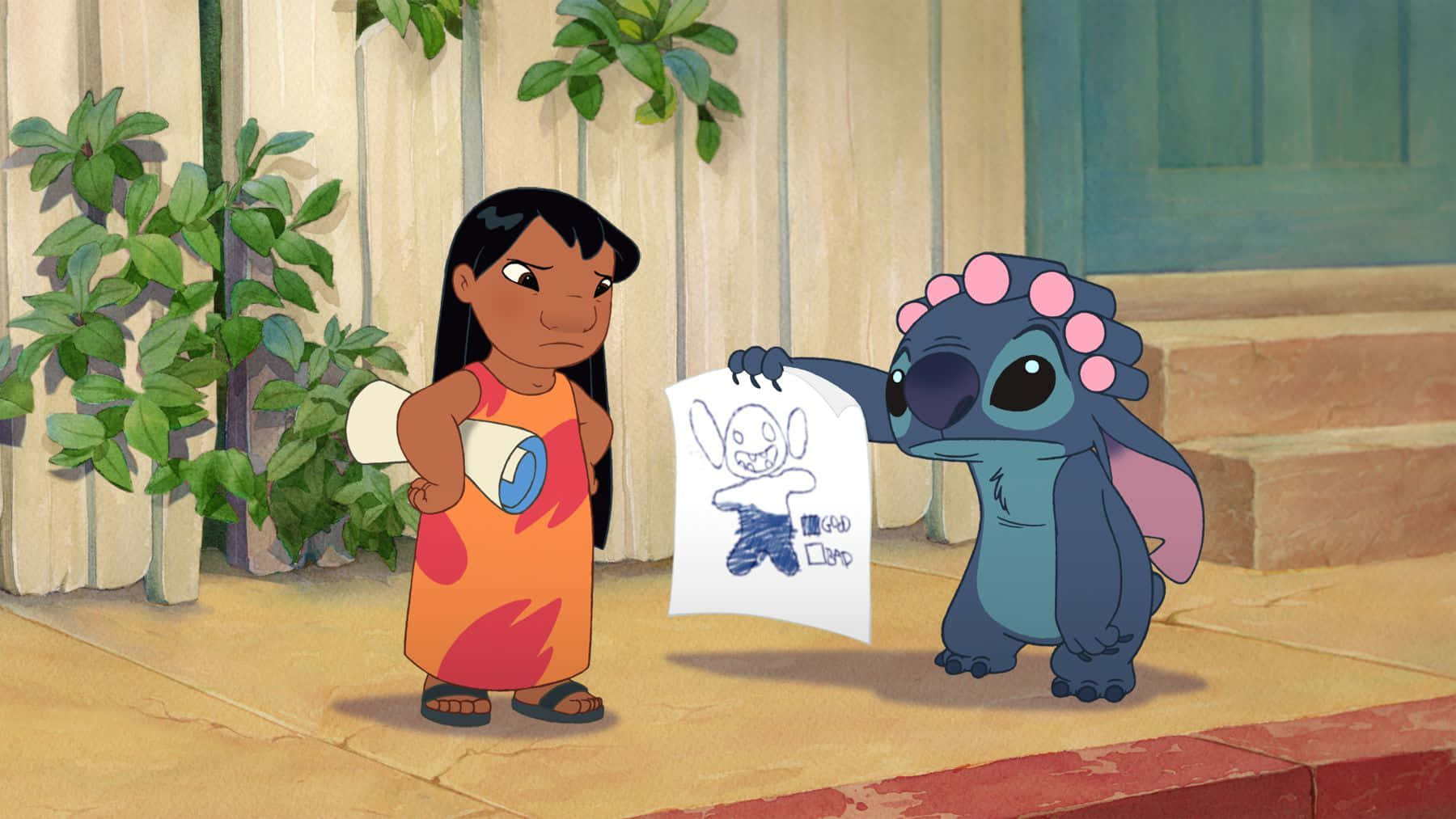 Stitch, Lilo, wooden fence, HD Desktop Wallpaper