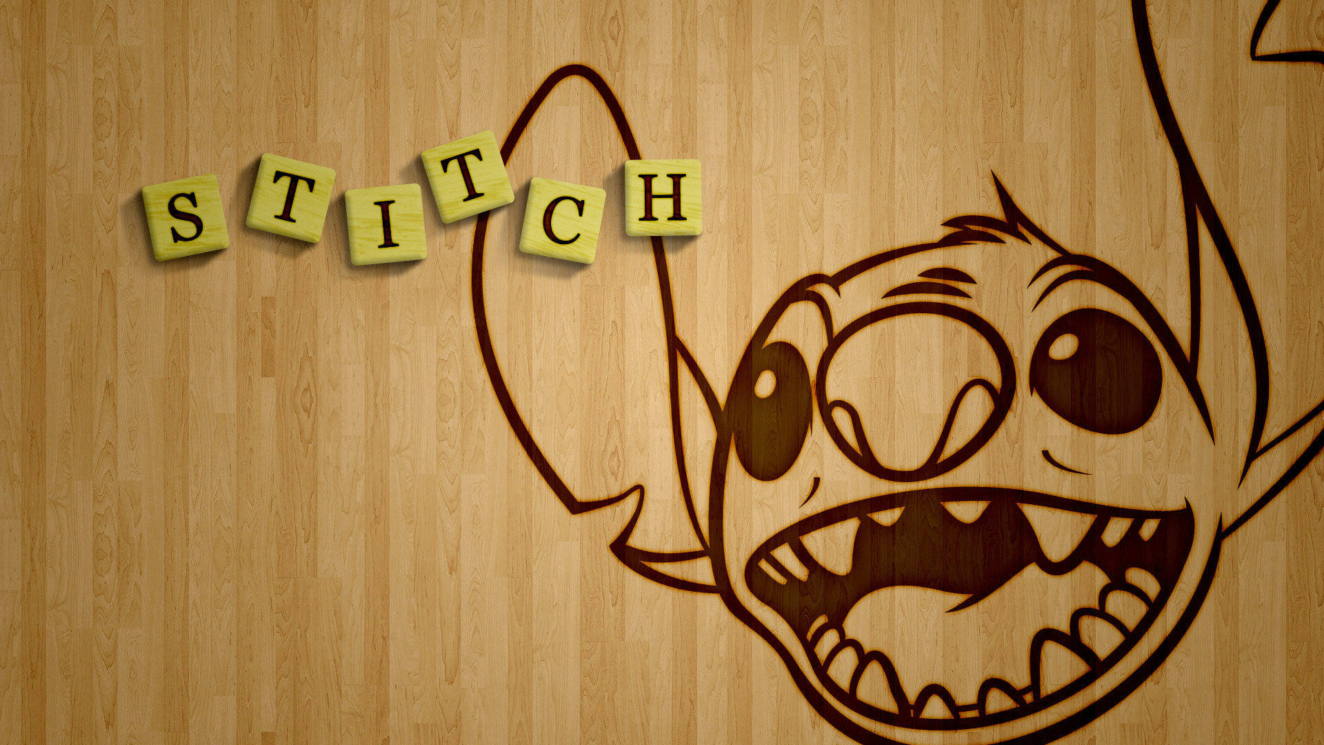 Lilo and Stitch, wood art, burnt-in cartoon character, Full HD Desktop Wallpaper