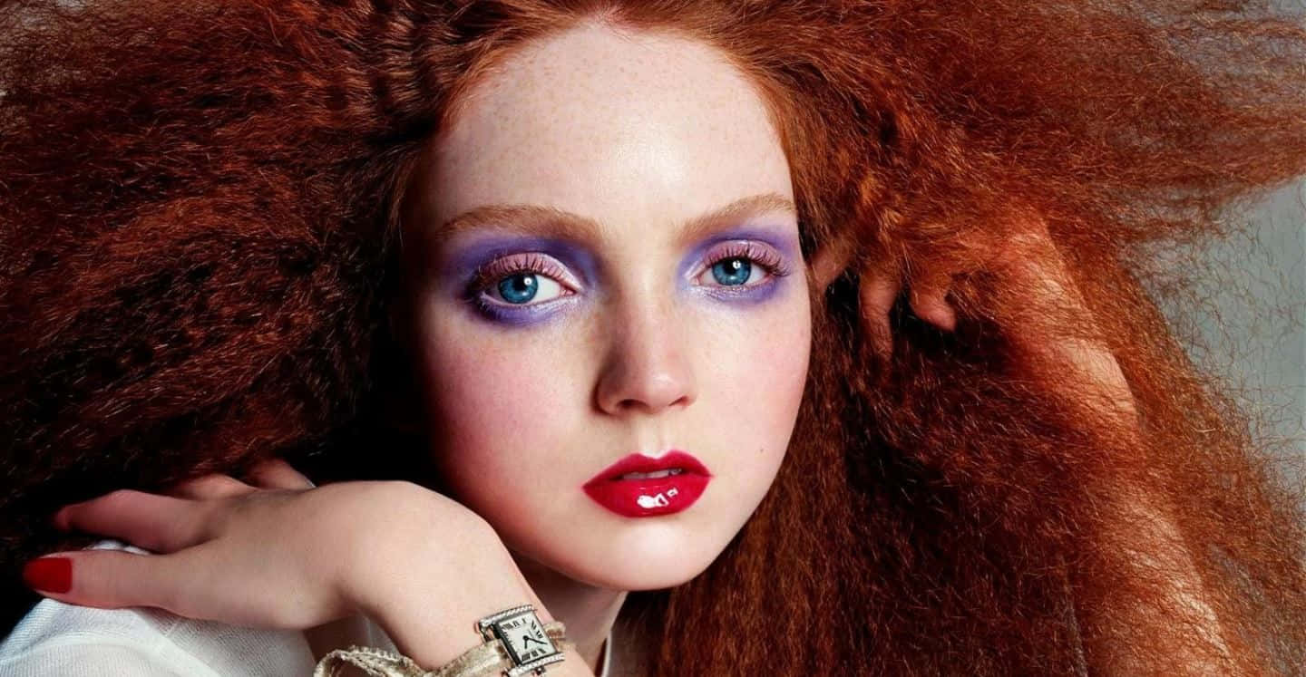 Lily Cole, fiery red hair, bold purple eye makeup, HD Desktop Wallpaper