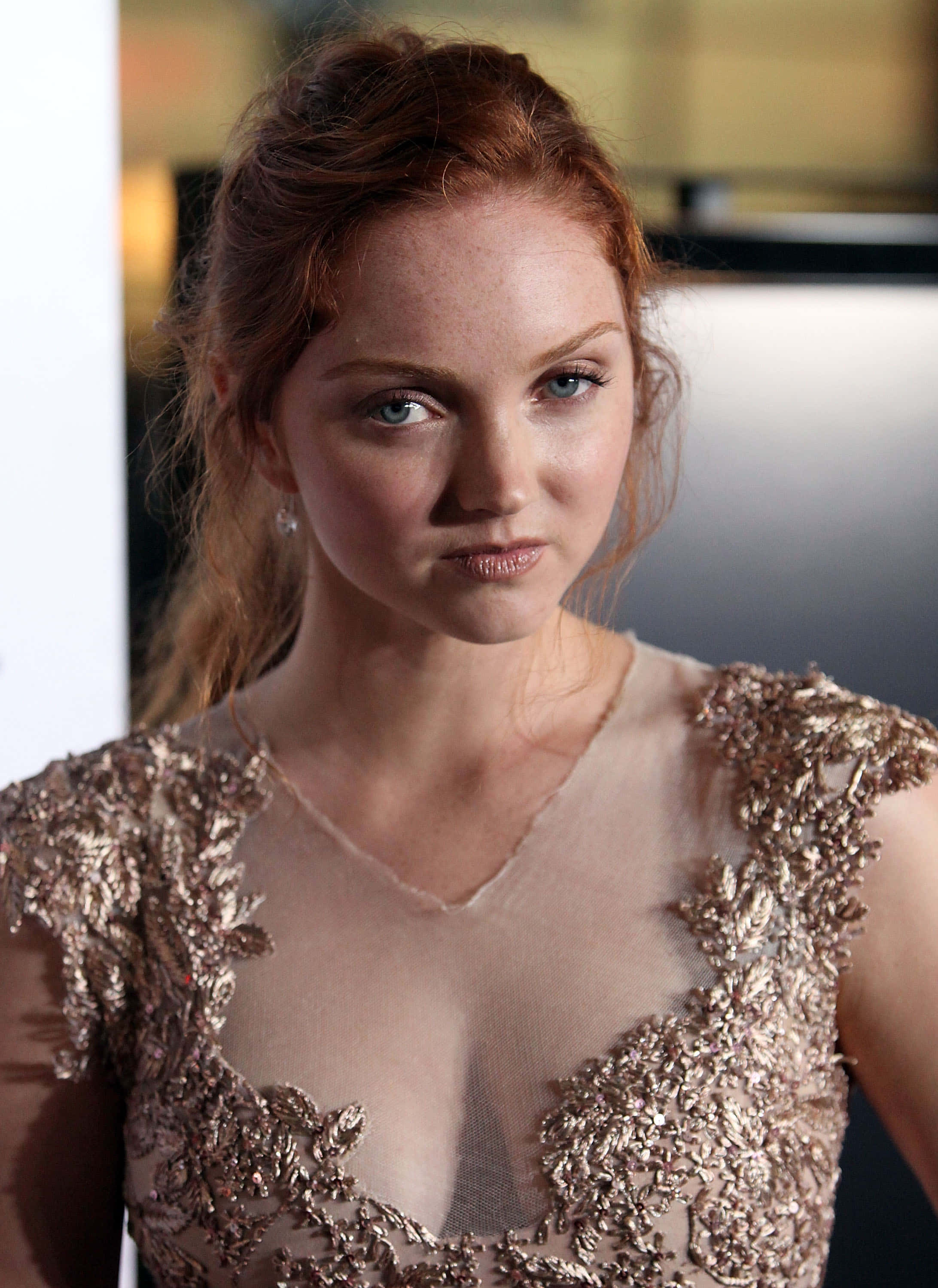Lily Cole, red carpet event, shimmering gold leaf-embellished gown, 2K Phone Wallpaper
