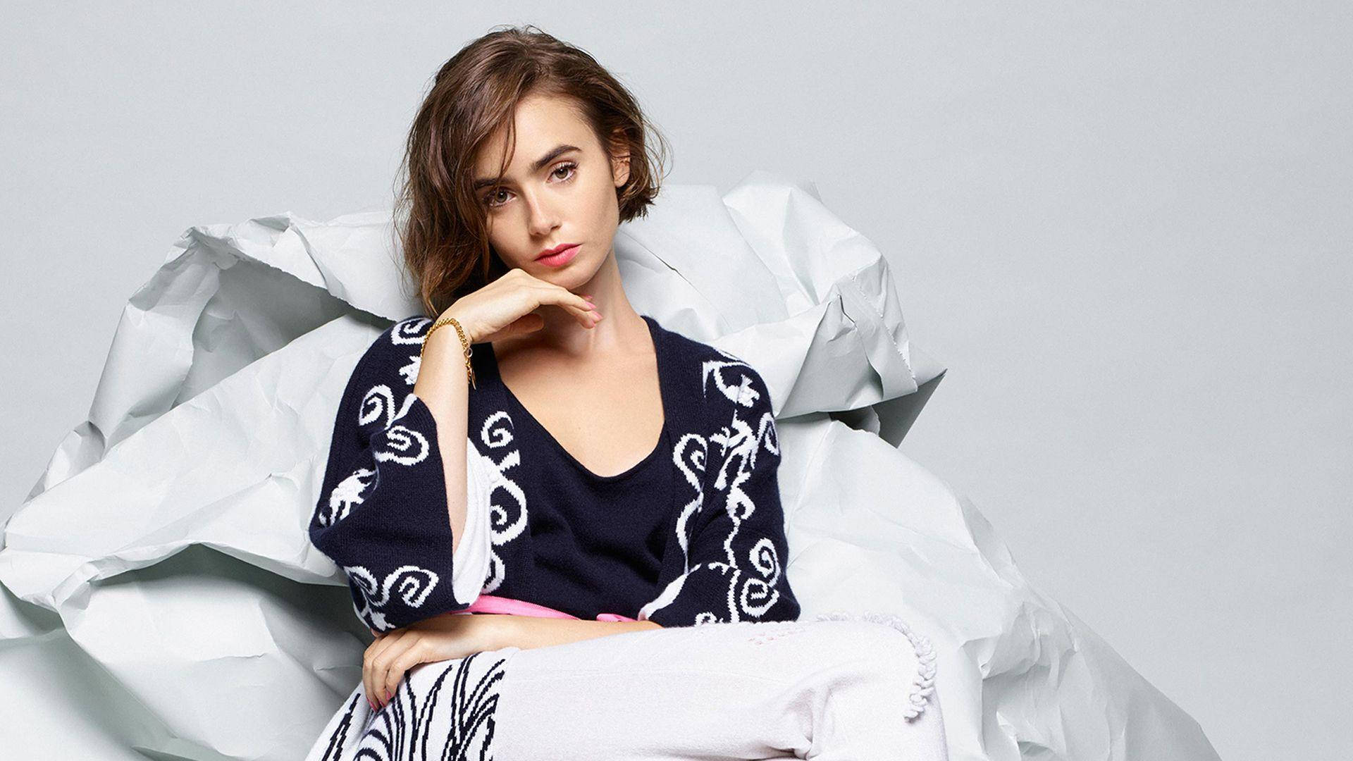Lily Collins, wavy brown hair, crumpled white fabric, Full HD Desktop Wallpaper