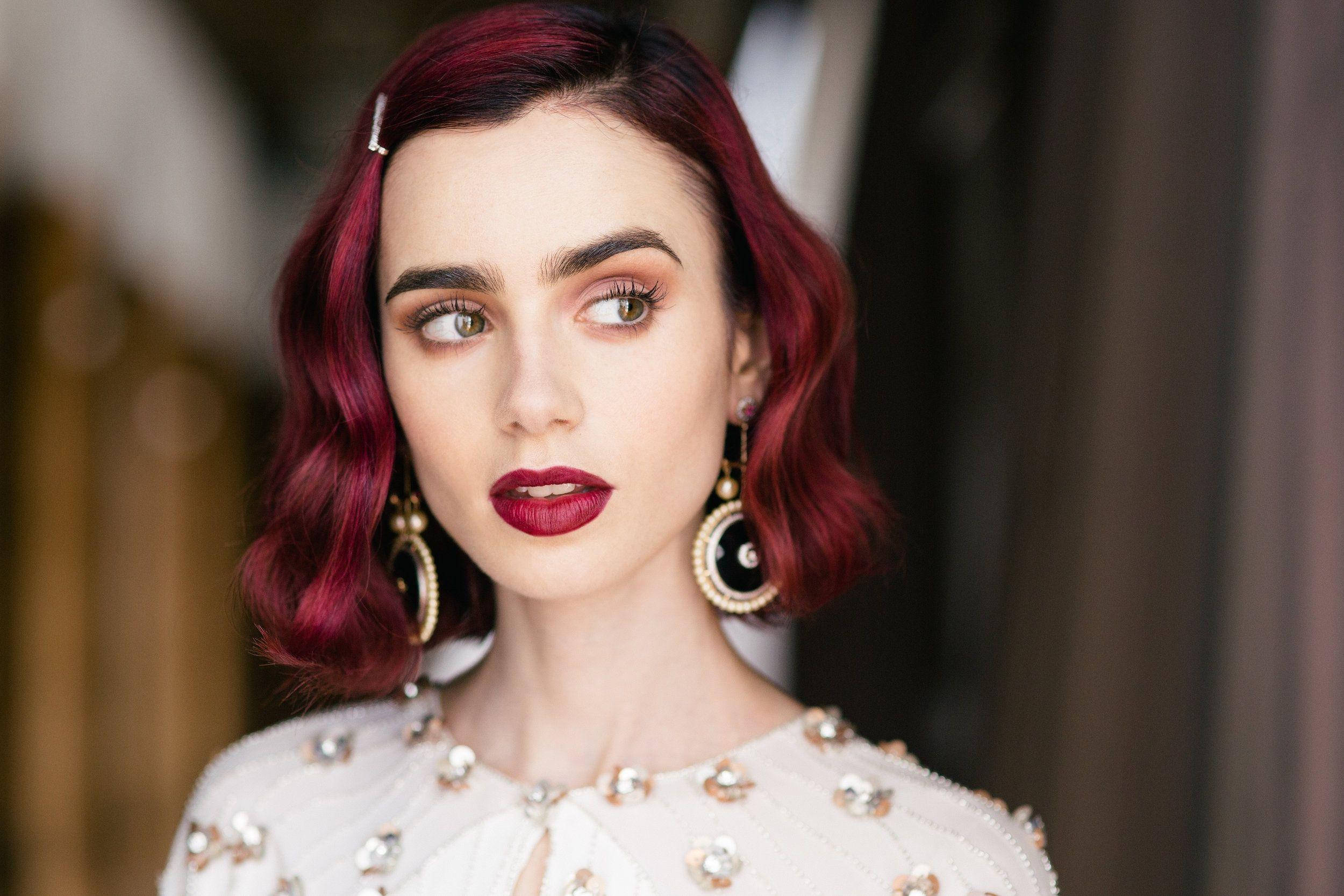 Lily Collins, vibrant red hair, bold red lipstick, Full HD Desktop Wallpaper