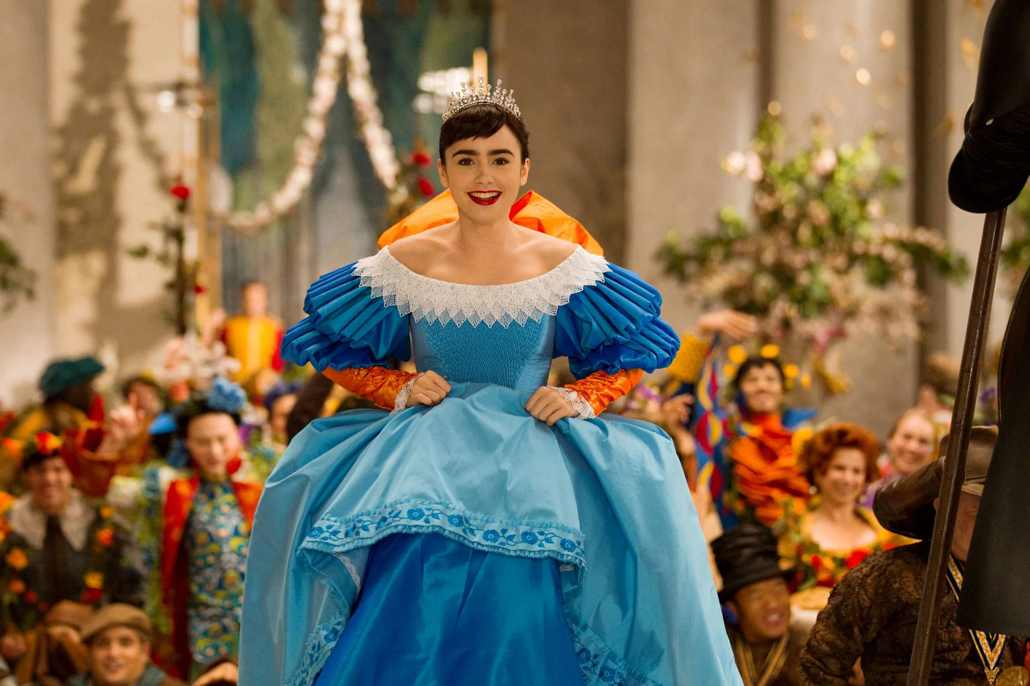 Lily Collins, vibrant blue ball gown, tiara, Full HD Desktop Wallpaper