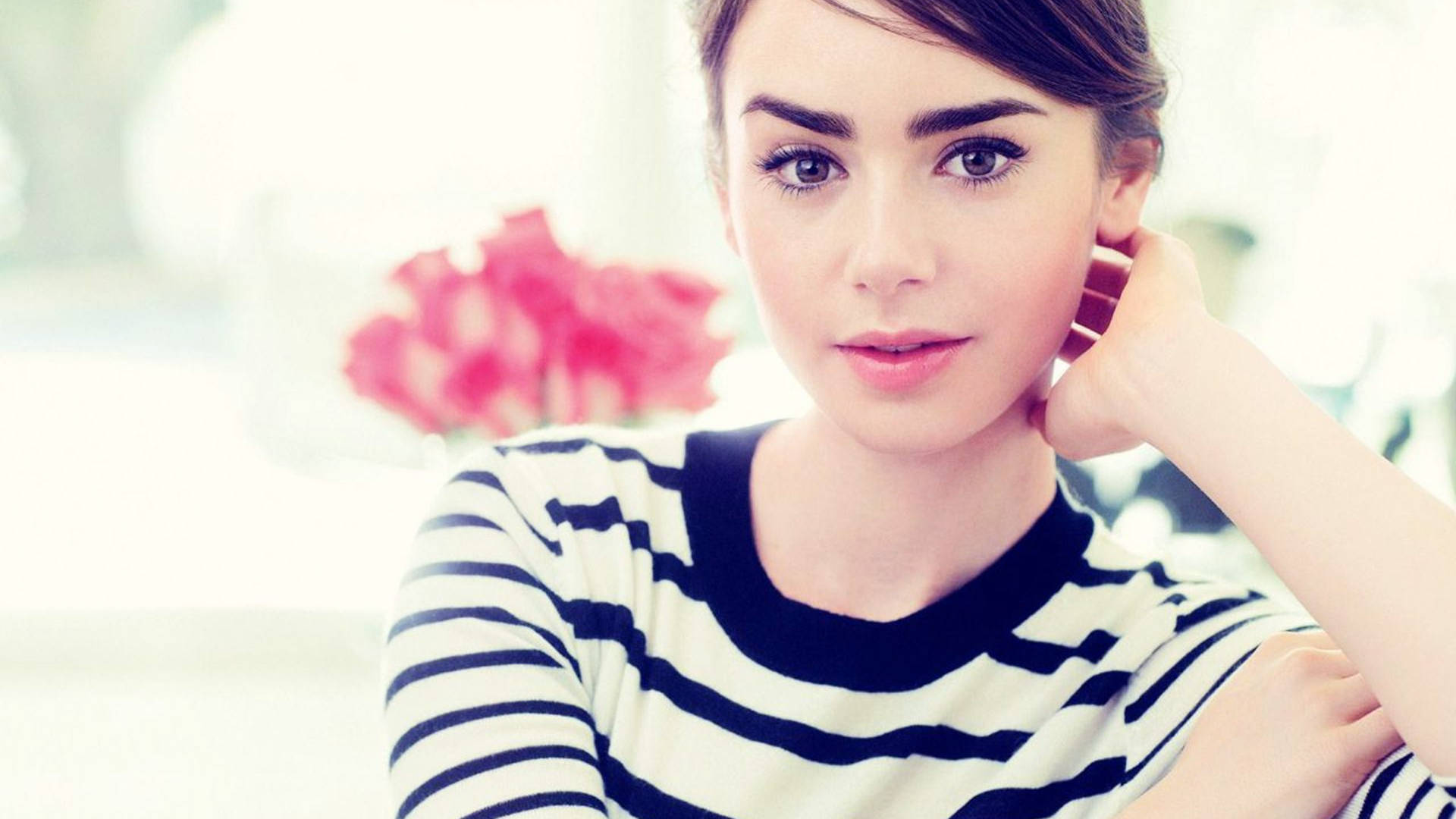 Lily Collins, black and white striped shirt, pink flower, Full HD Desktop Wallpaper