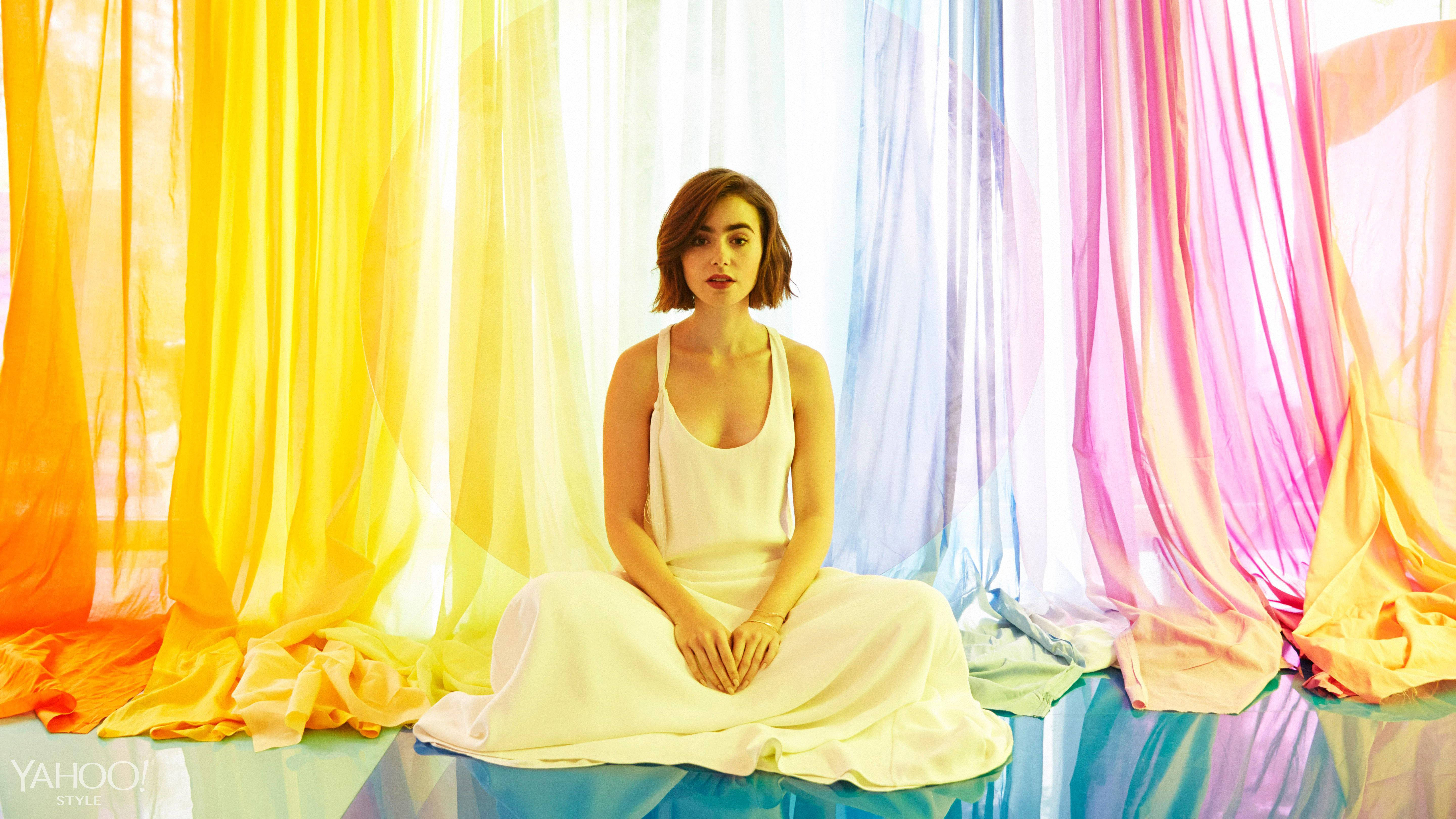 Lily Collins, white dress, vibrant rainbow curtain, 5K Desktop Wallpaper