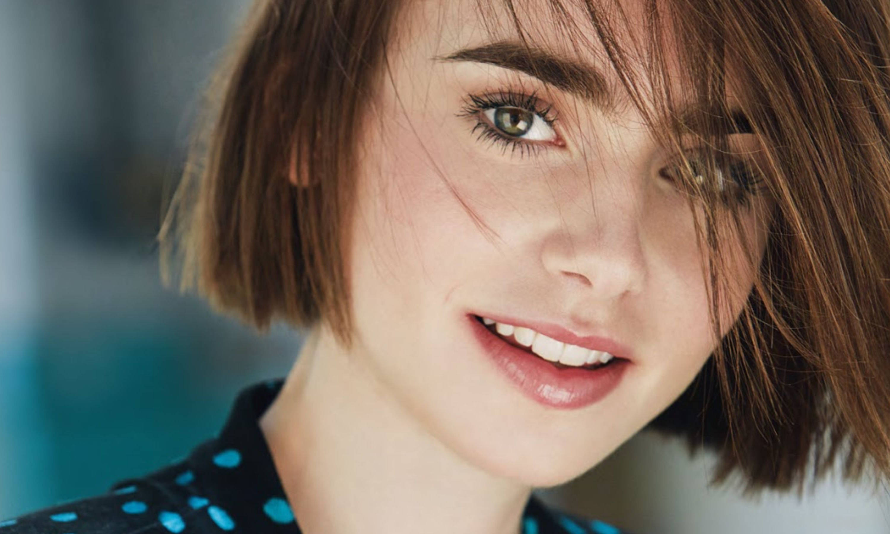 Lily Collins, short bob, brown hair, 2K Desktop Wallpaper