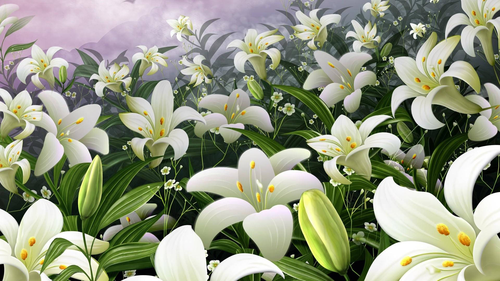 white lily, yellow stamens, soft purple sky, Full HD Desktop Wallpaper