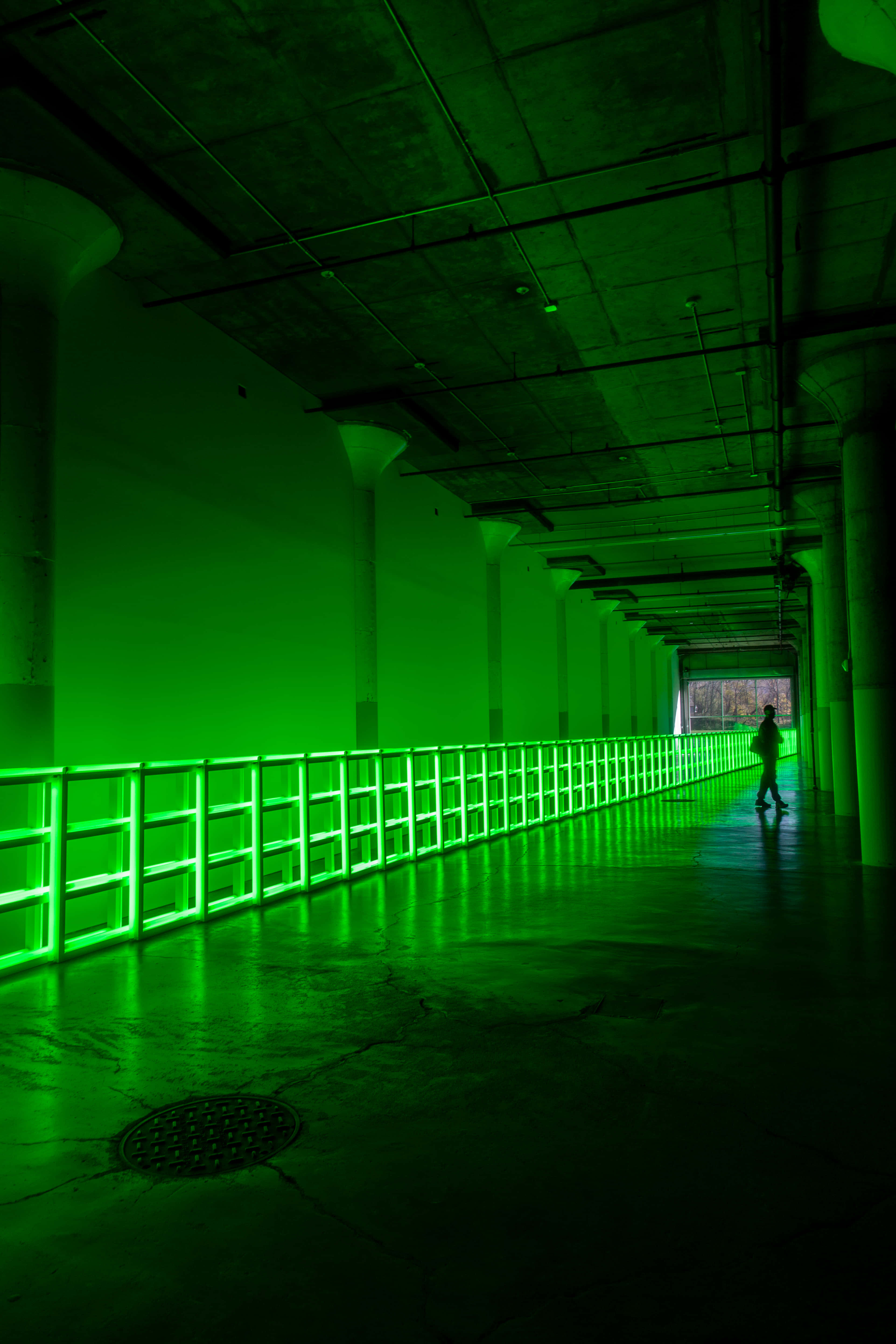 Lime Green, industrial corridor, glowing railings, 5K Phone Wallpaper