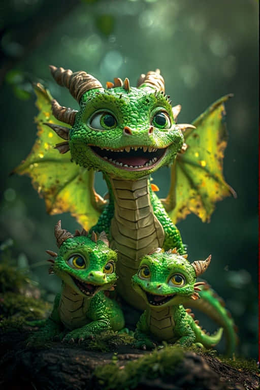 baby lime dragons, vibrant dragon wings, mossy log, SD Phone Wallpaper