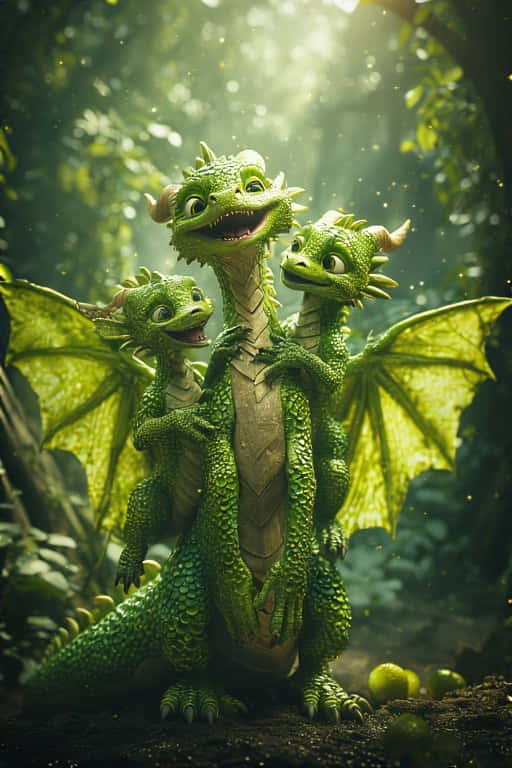 baby lime dragons, vibrant dragon wings, sunlit forest glade, SD Phone Wallpaper