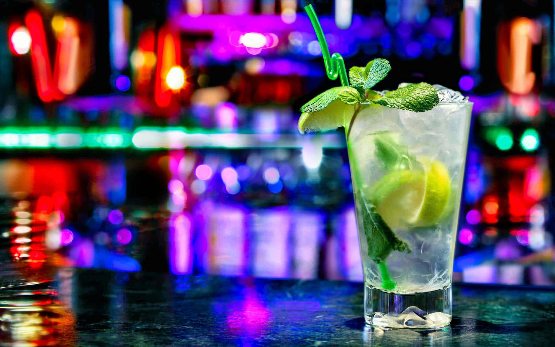 neon lights, wet bar counter, vibrant nightclub, Full HD Desktop Wallpaper