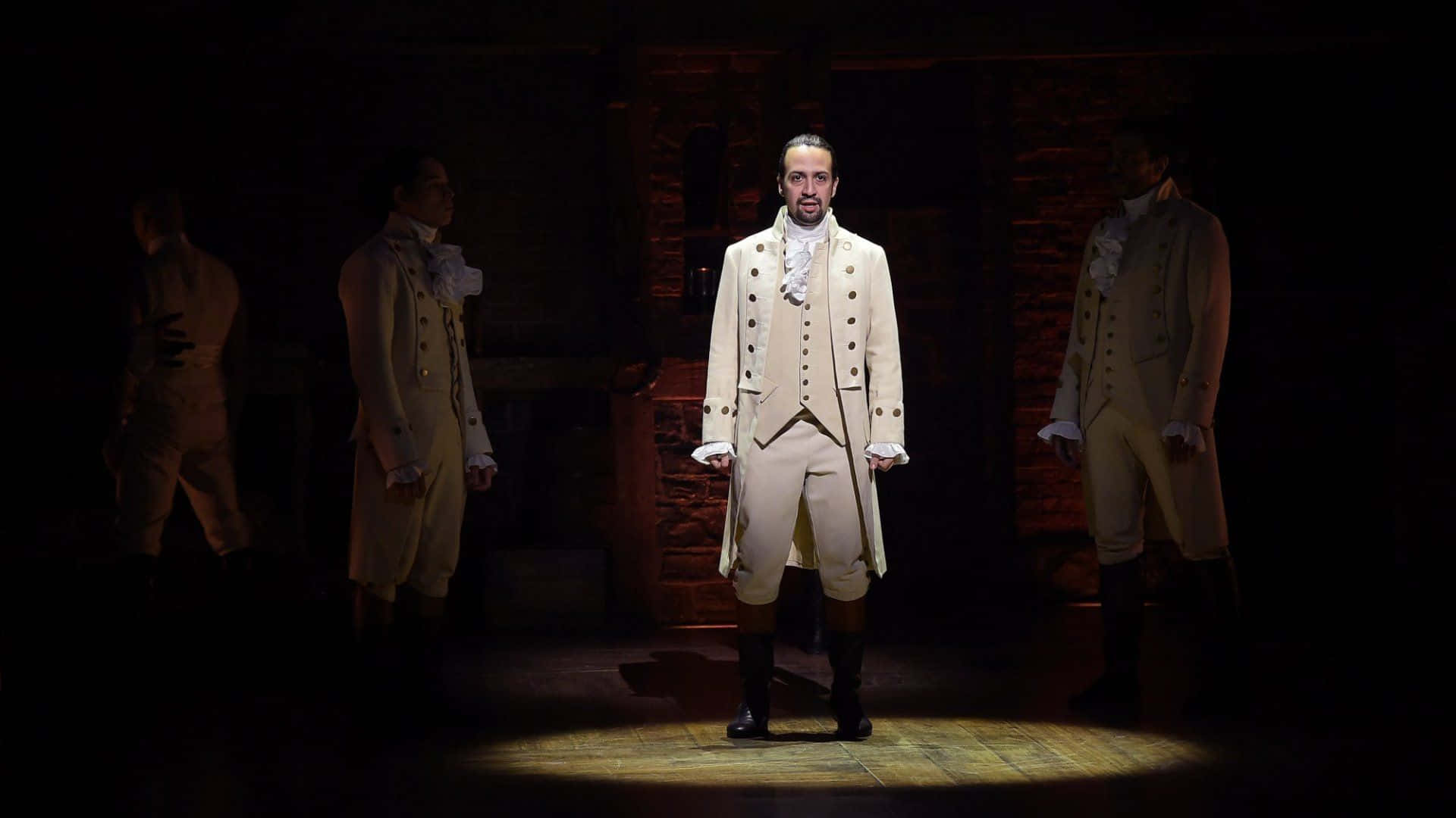 Lin-manuel Miranda, 18th-century cream coat, dimly lit stage, Full HD Desktop Wallpaper