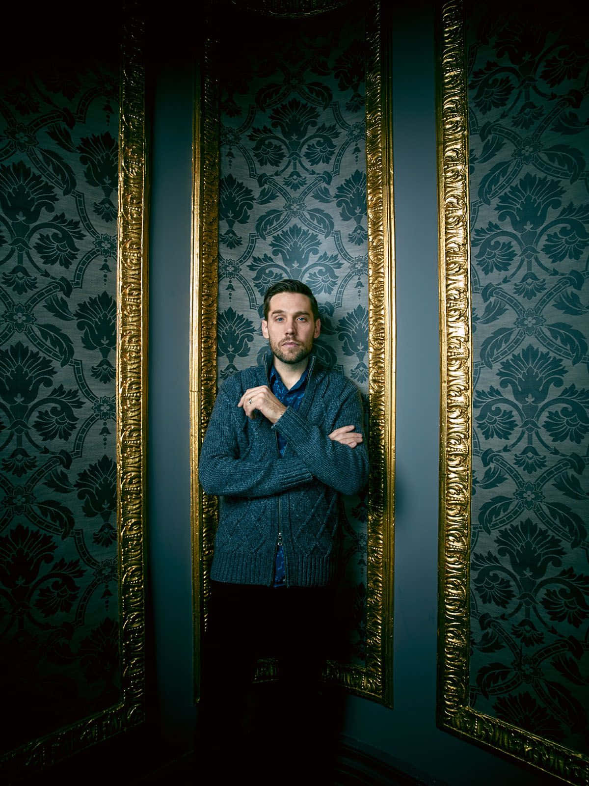 Lin-manuel Miranda, blue sweater, gold-framed wallpaper, HD Phone Wallpaper