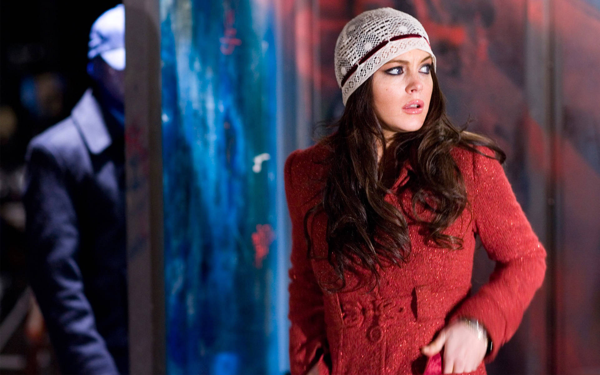 Lindsay Lohan, red winter coat, blue graffiti wall, Full HD Desktop Wallpaper