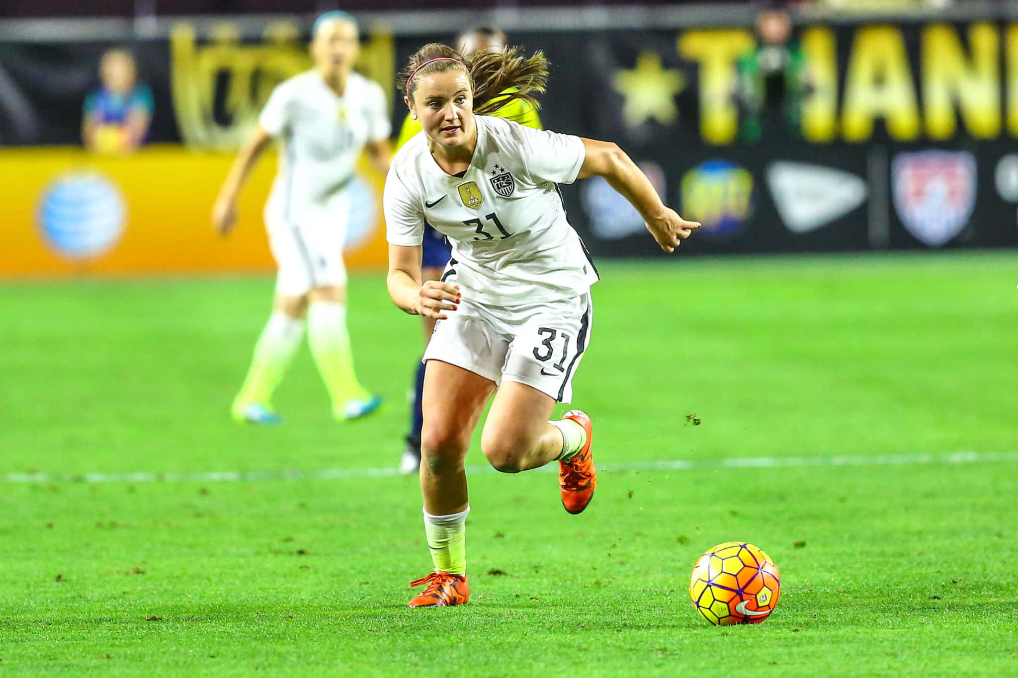 Lindsey Horan, white jersey number 31, colorful ball, Full HD Desktop Wallpaper