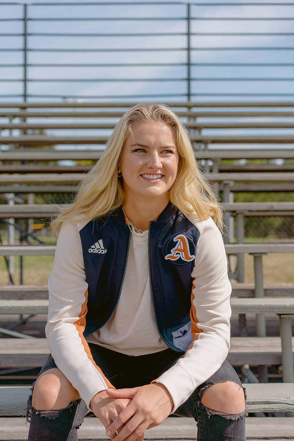 Lindsey Horan, varsity jacket, stadium bleachers, HD Phone Wallpaper
