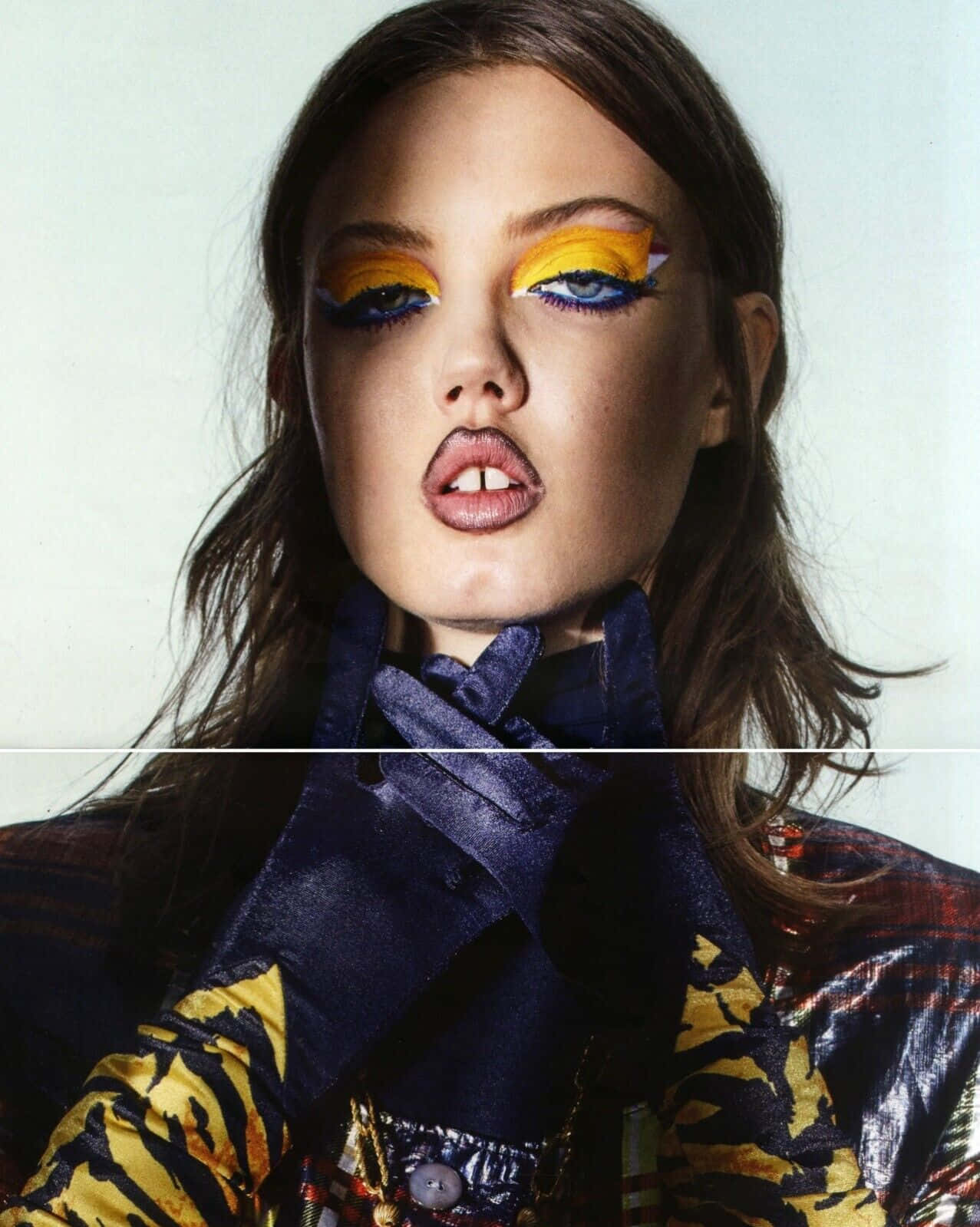 Lindsey Wixson, bold yellow and blue eye makeup, dark gloves, HD Phone Wallpaper