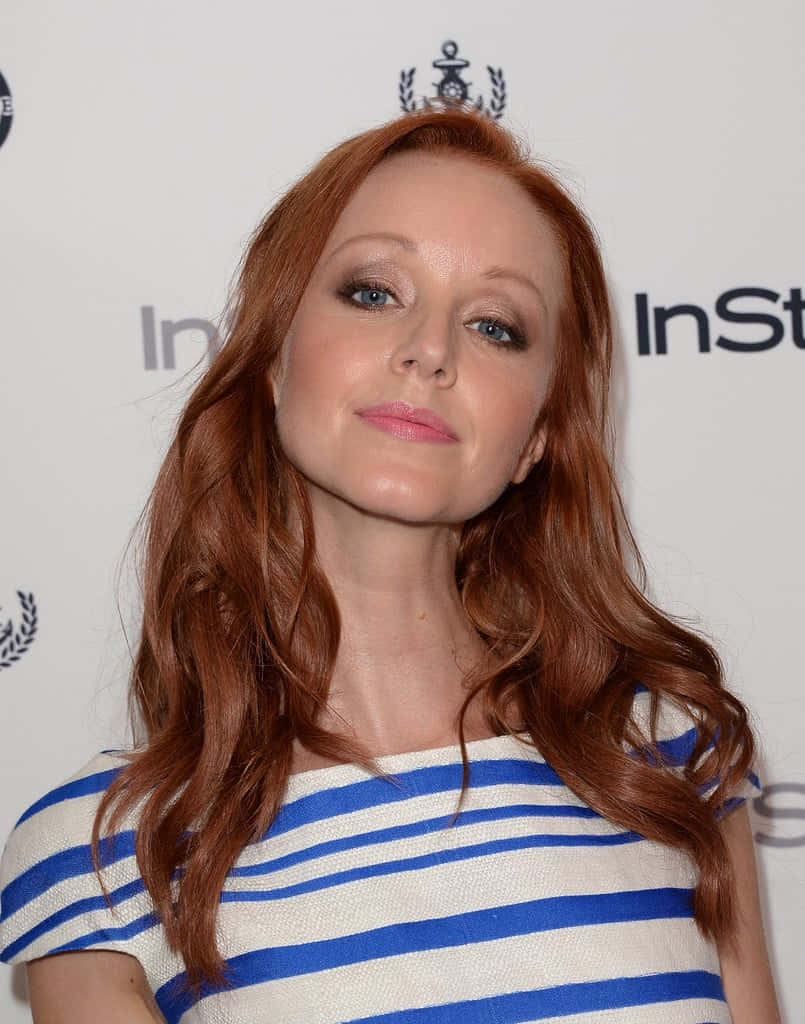 Lindy Booth, red hair, blue striped dress, SD Phone Wallpaper