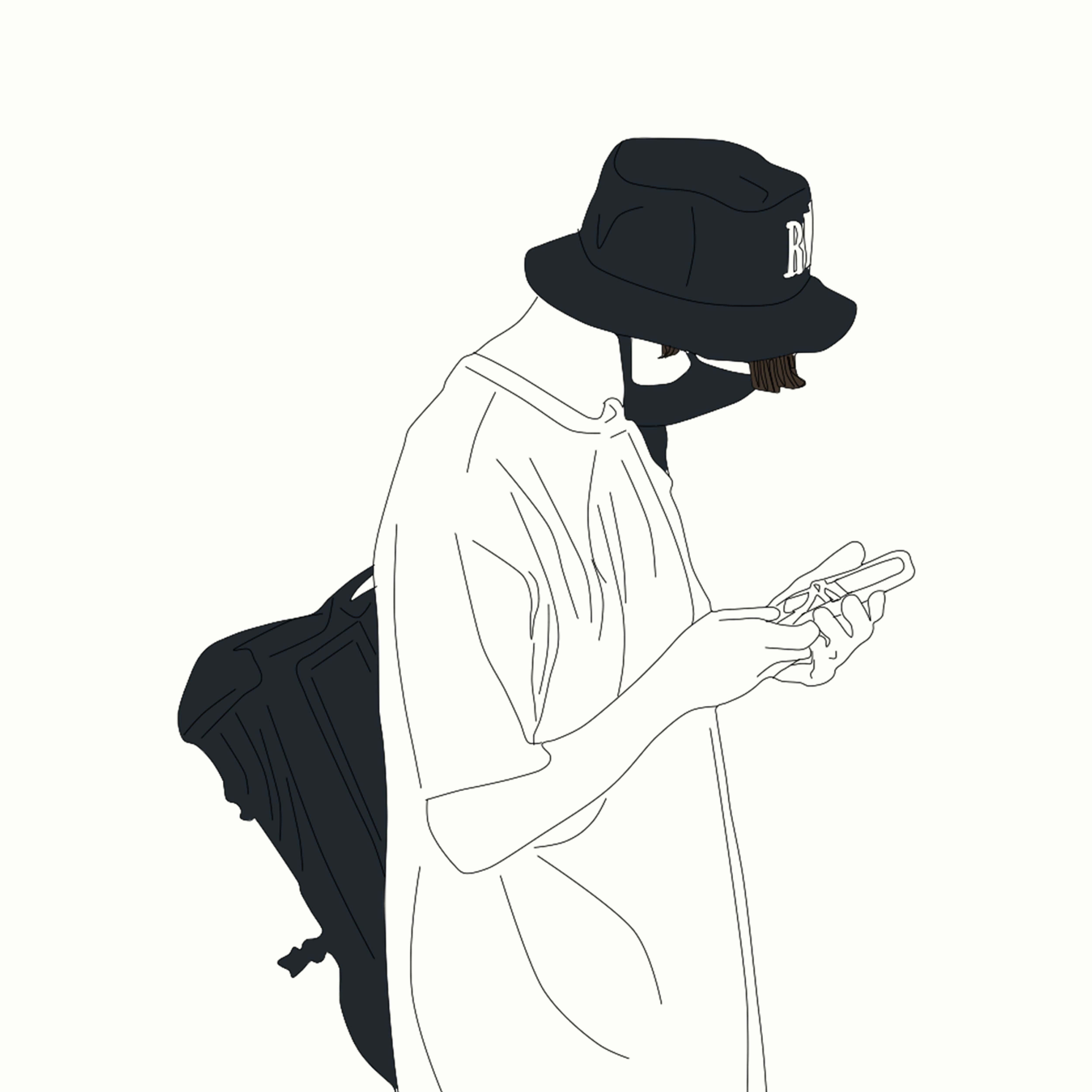 line art, black bucket hat, backpack, 4K Desktop Wallpaper