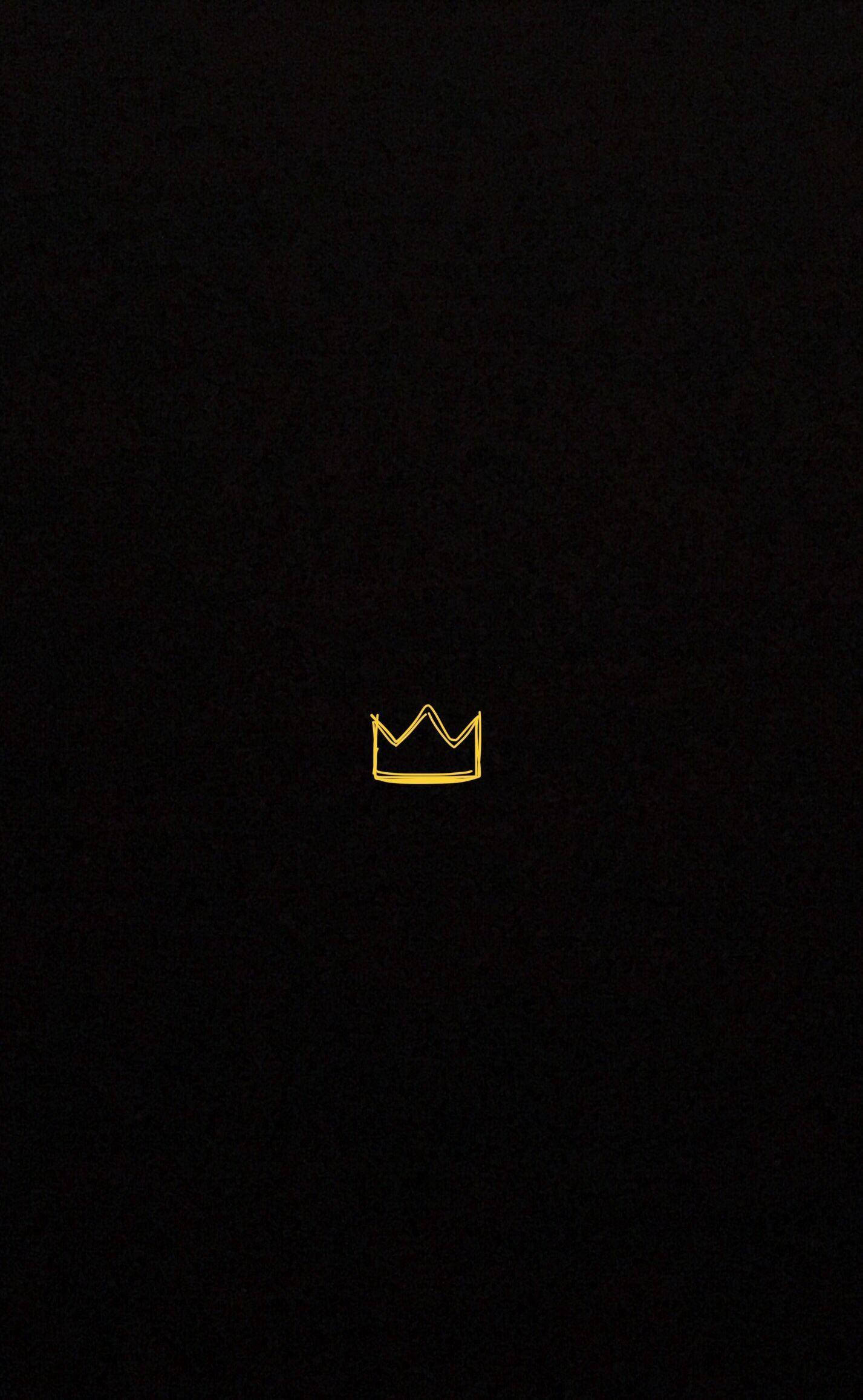 minimalist golden crown outline, deep black textured background, glows faintly, Full HD Phone Wallpaper