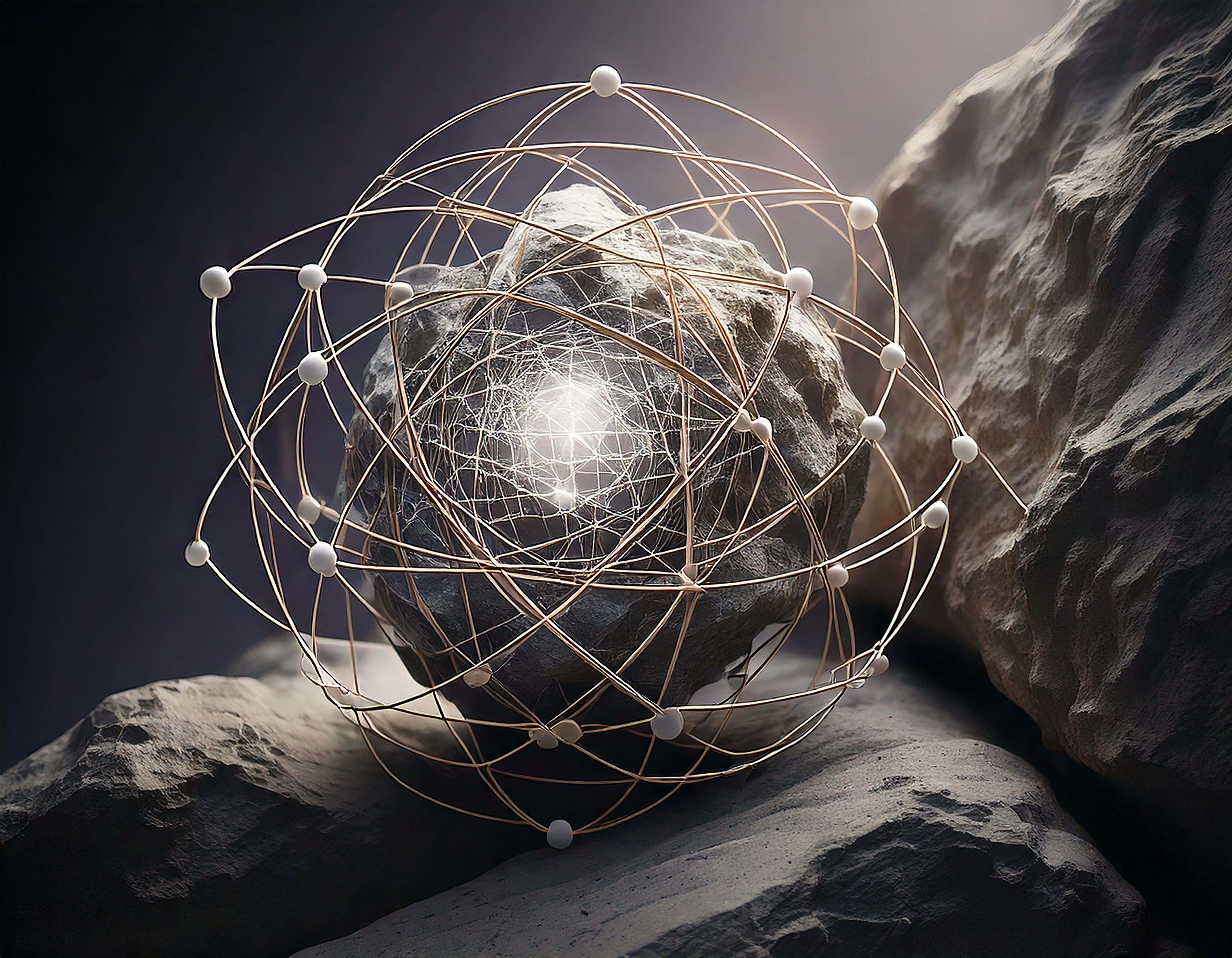 glowing orb of light, rugged rock, golden atomic lattice structure, 5K Desktop Wallpaper