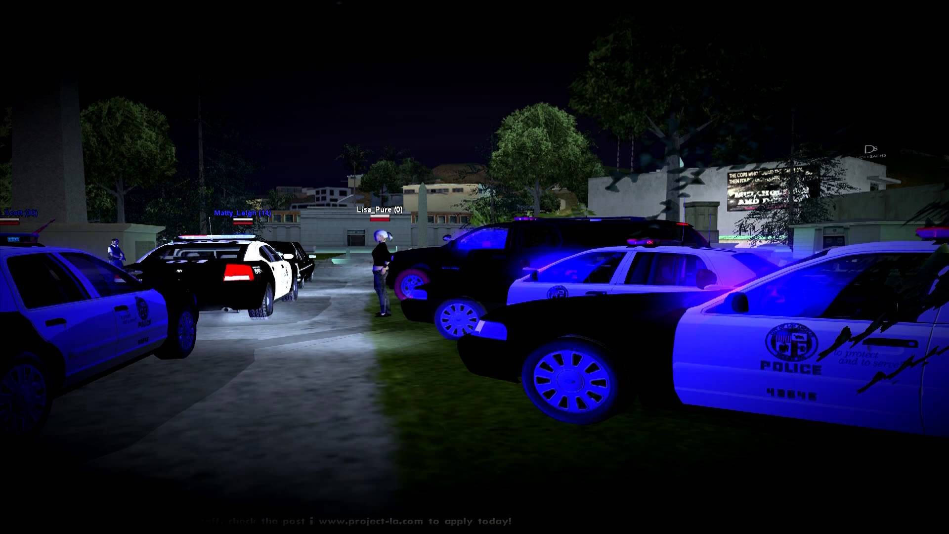 police cars, flashing blue lights, lone officer, Full HD Desktop Wallpaper