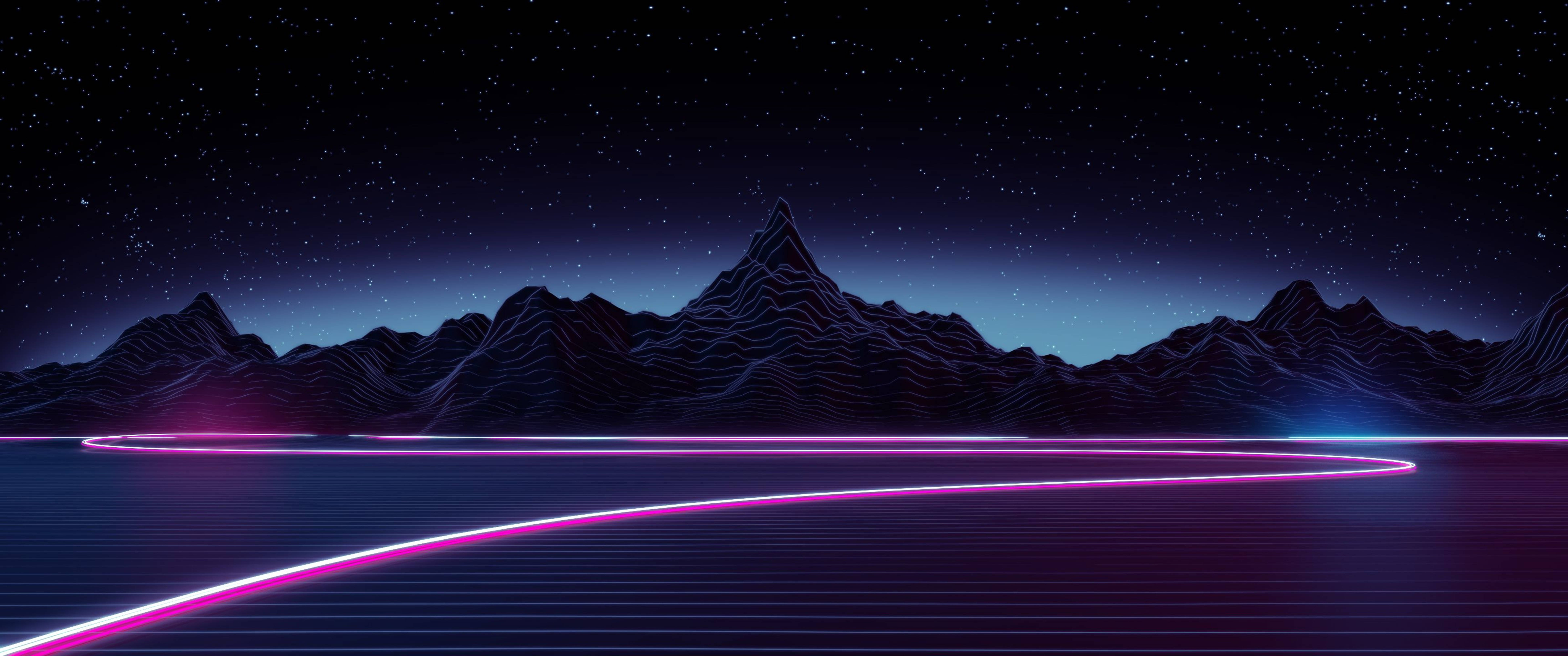 retro, dark mountain, neon line, 8K Desktop Wallpaper